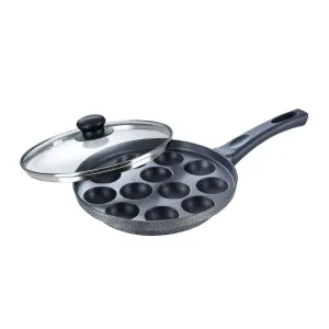 Prestige Aluminium Omega Select Plus Non Stick Paniyarakkal with Lid (24 cm, Black)- Gas Top Compatible Only, Black