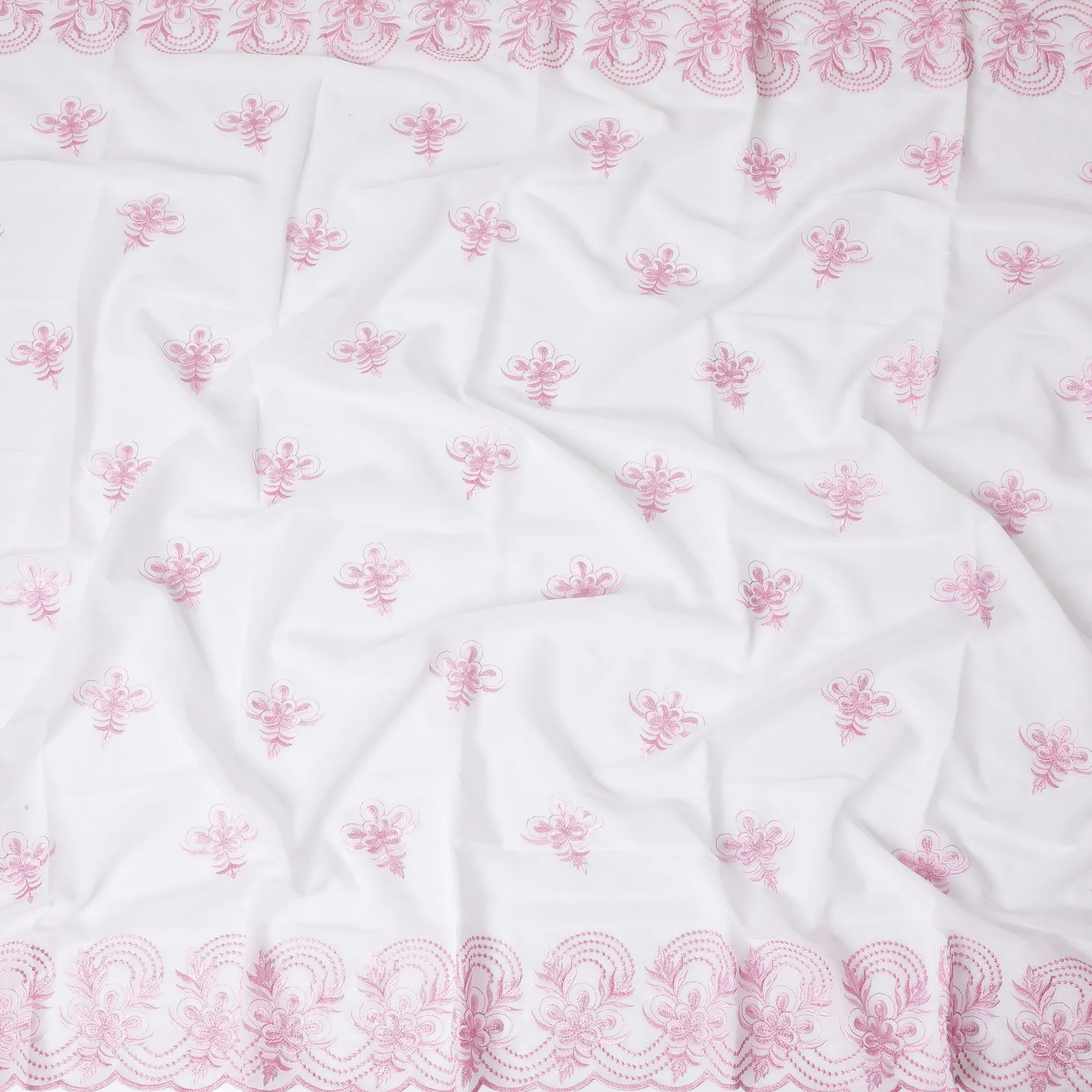 Pure White Cotton Voile with Pink Embroidery for Sudanese Thobe - 140cm x 4.5 Mtrs piece-D18590