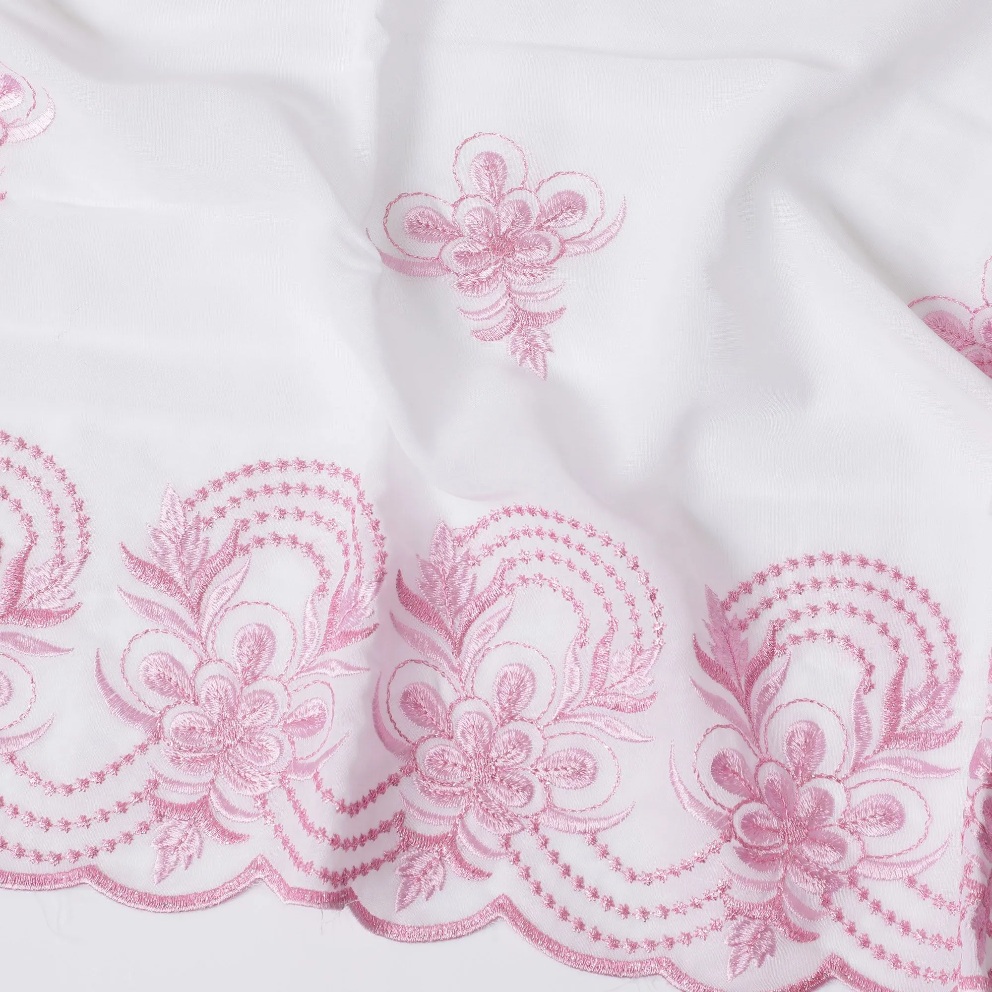 Pure White Cotton Voile with Pink Embroidery for Sudanese Thobe - 140cm x 4.5 Mtrs piece-D18590