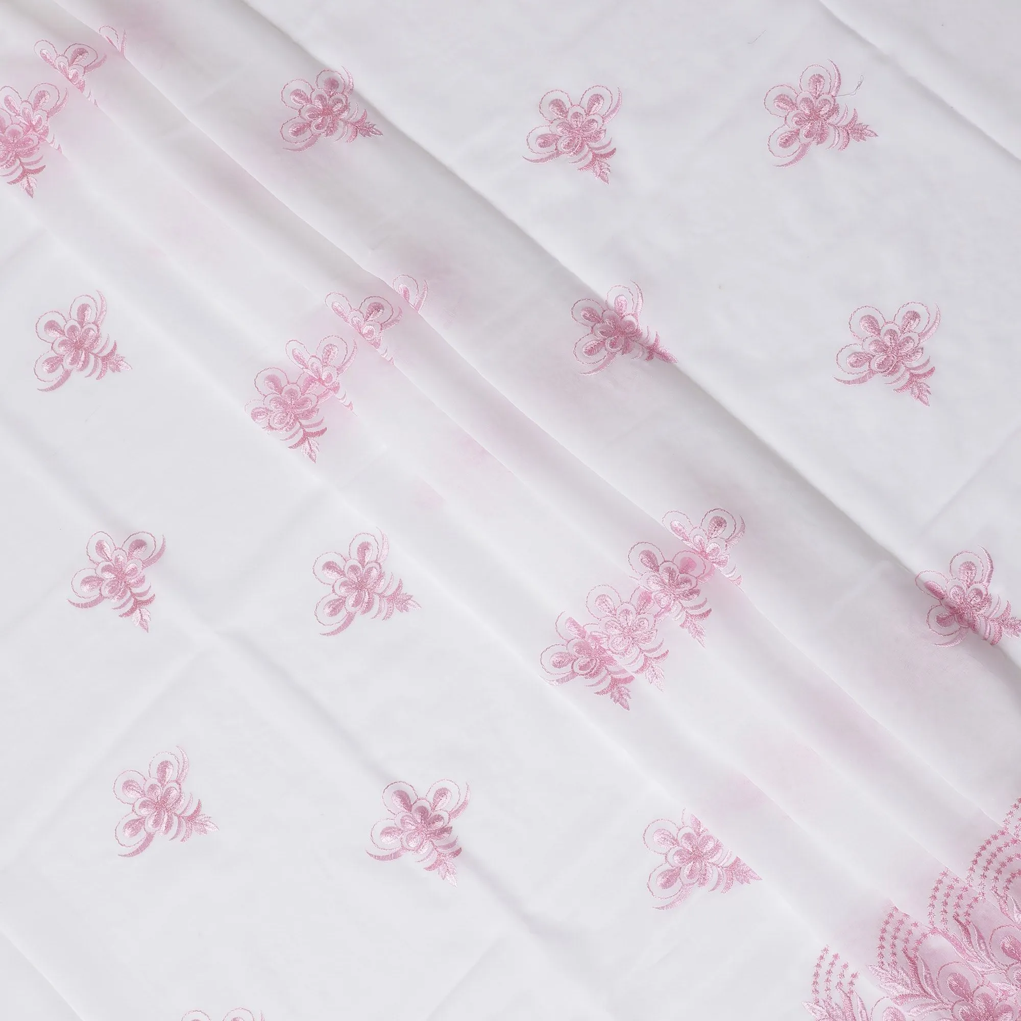 Pure White Cotton Voile with Pink Embroidery for Sudanese Thobe - 140cm x 4.5 Mtrs piece-D18590