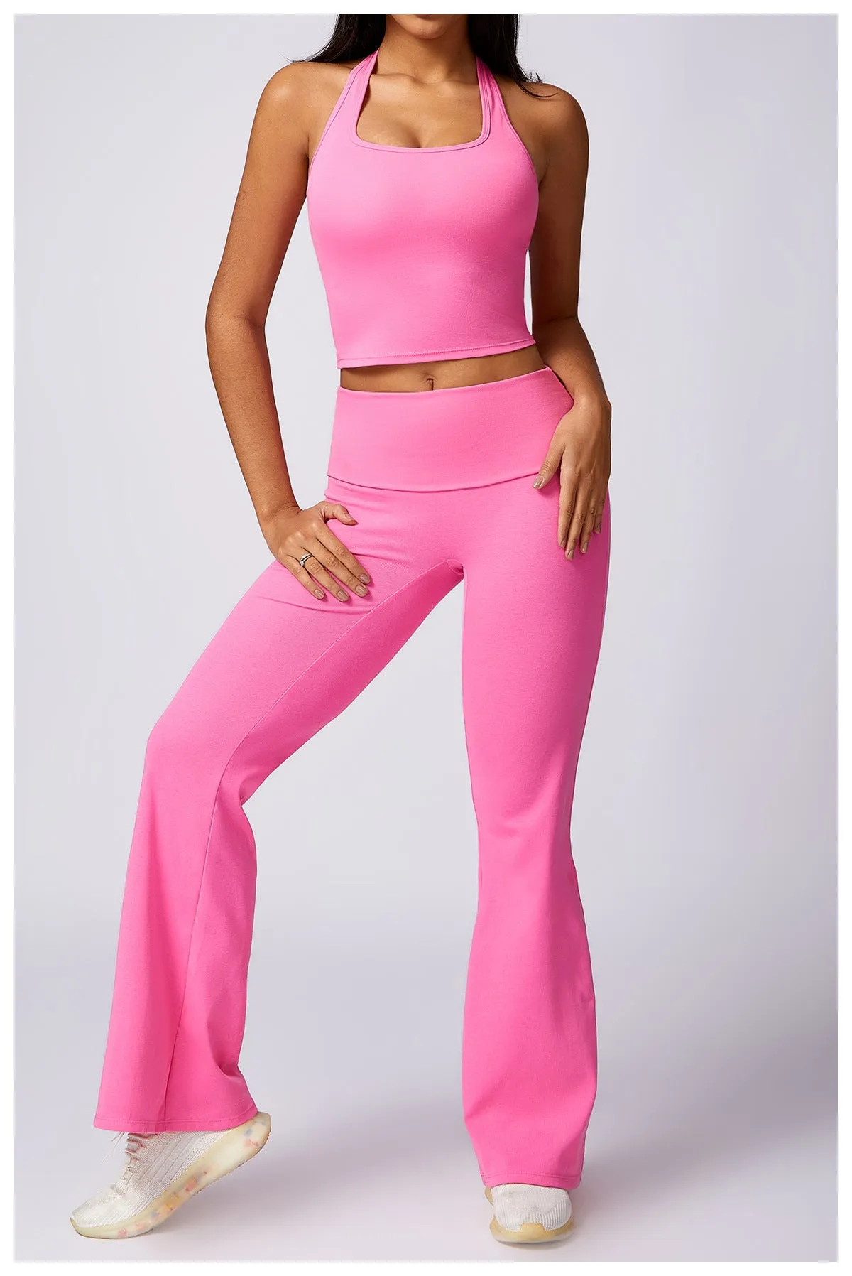 RACHEL - Ribbed Low Rise Fold Over Flared Pant