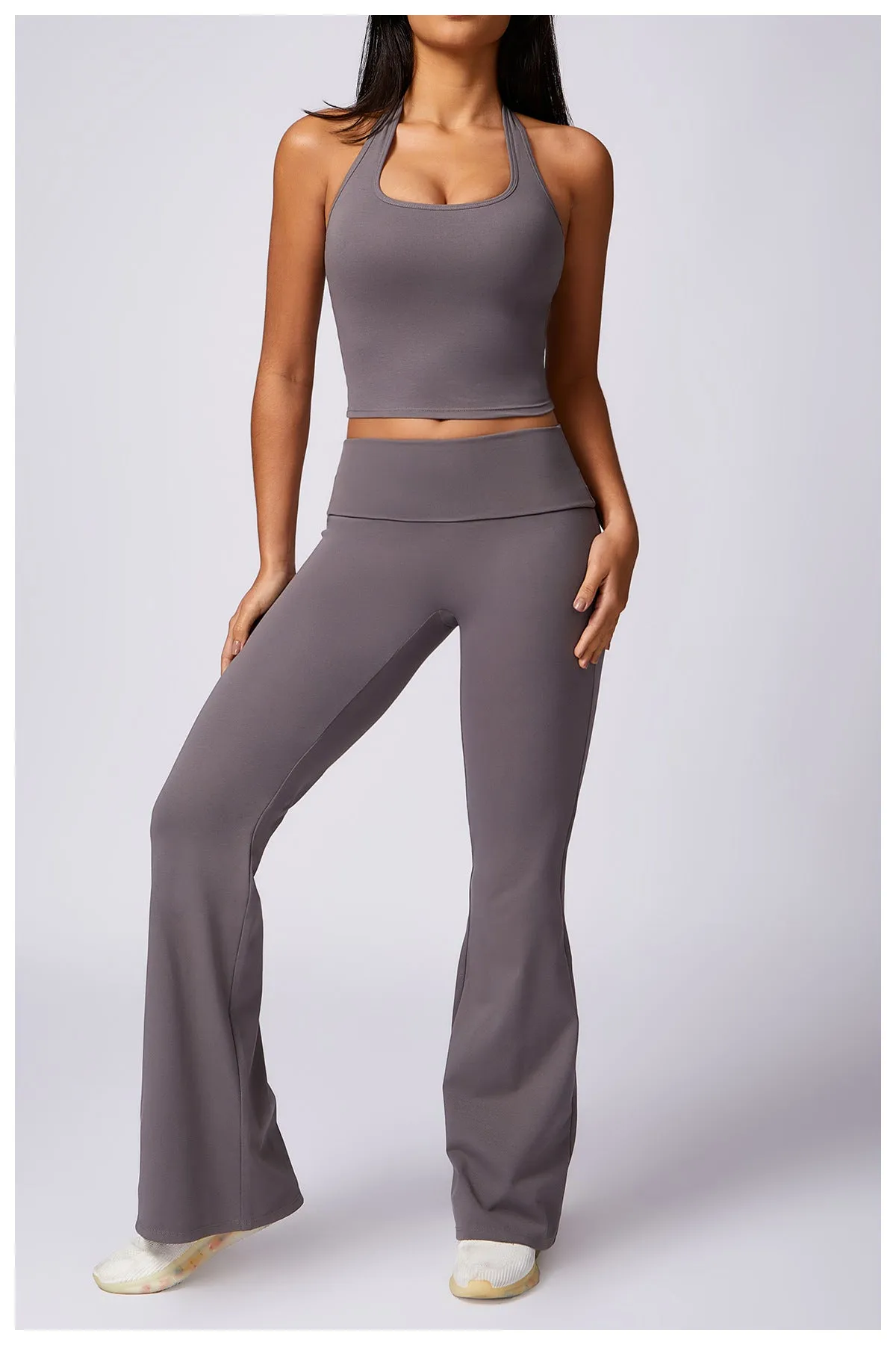 RACHEL - Ribbed Low Rise Fold Over Flared Pant