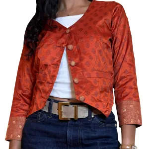 Red Fort Jacket -  Short Crop Silk Sari Woven Fabric