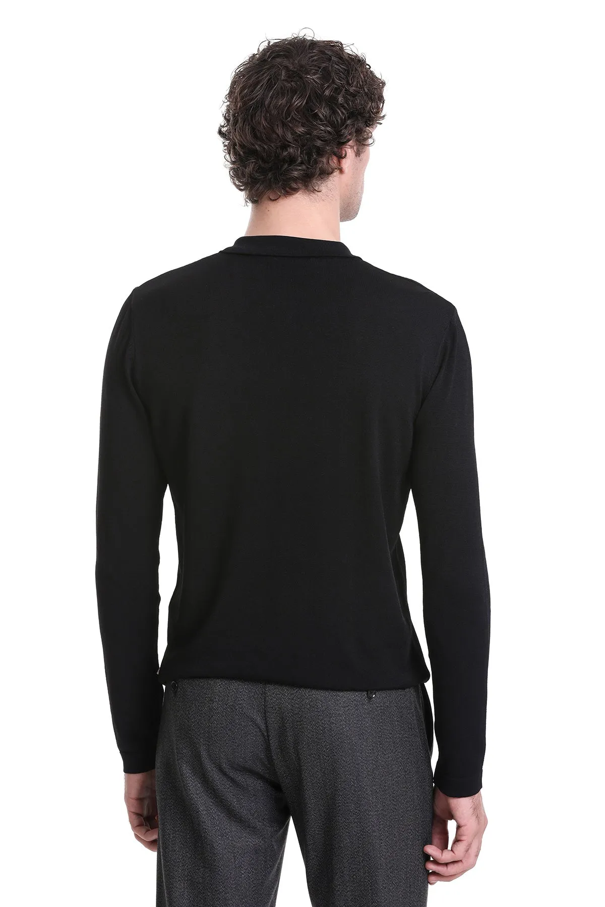 Regular Fit Black Wool Blend Polo Sweater