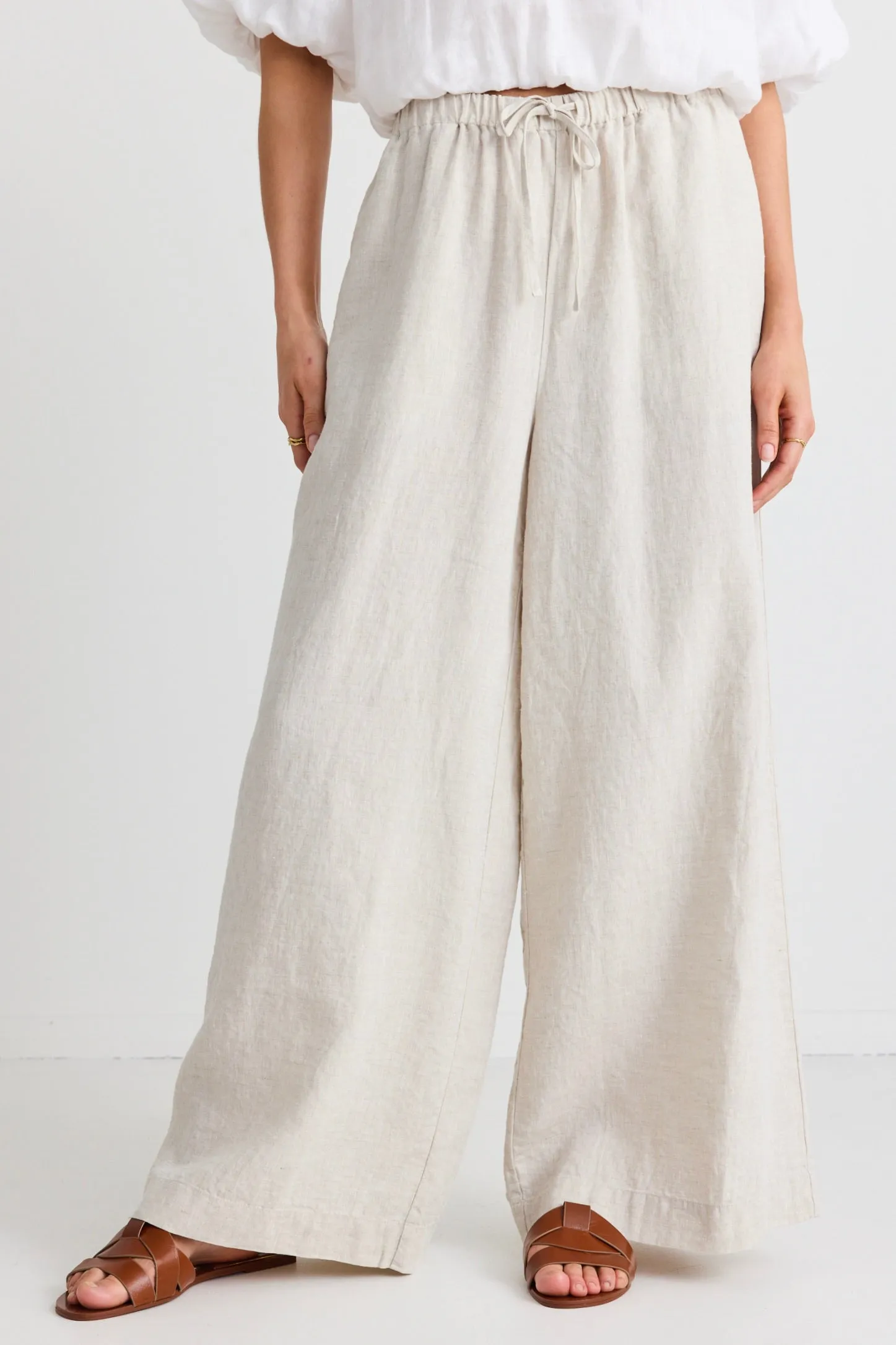 Resort Natural Linen Tie Waist Pull On Wide Pants