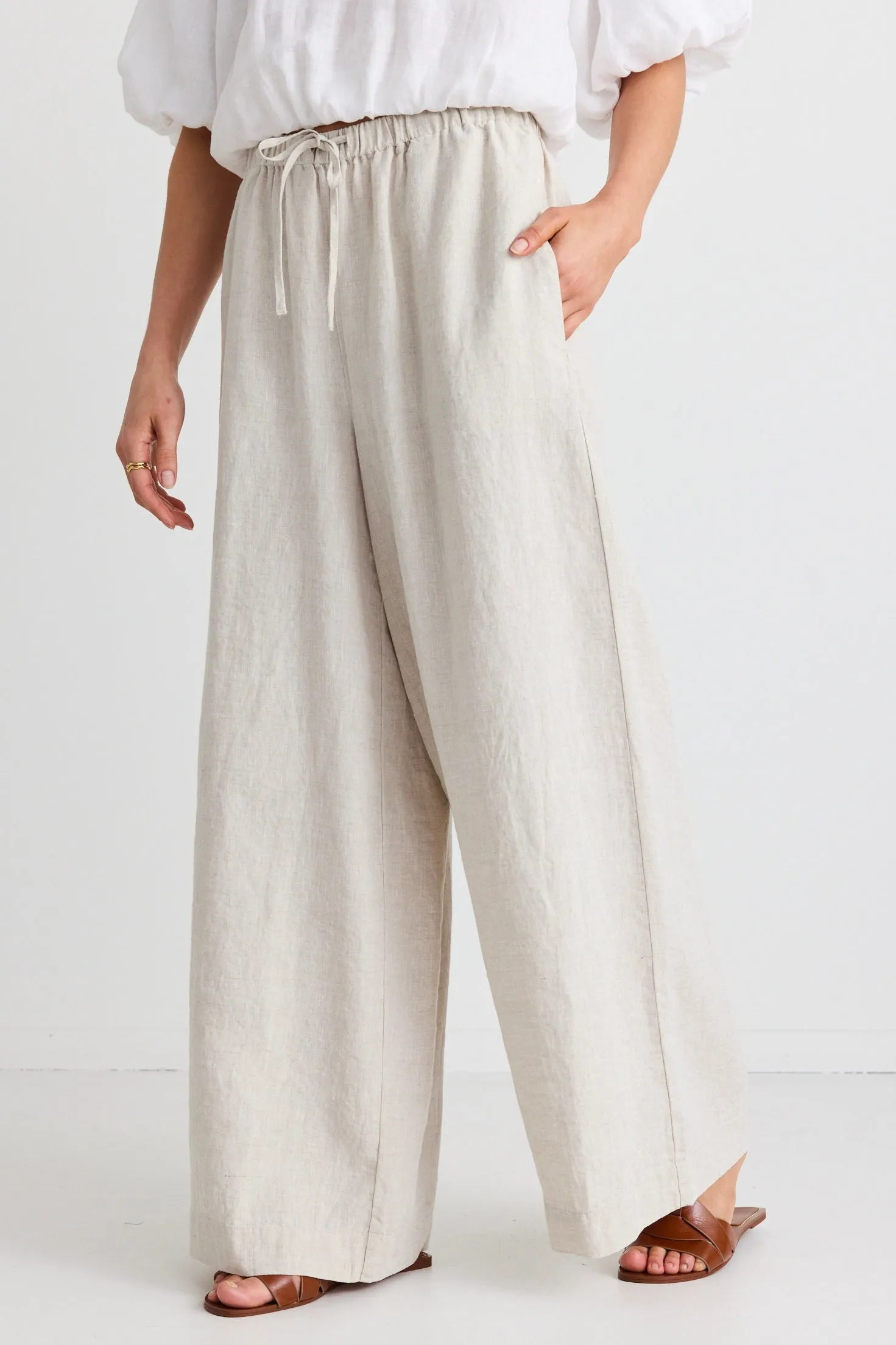 Resort Natural Linen Tie Waist Pull On Wide Pants