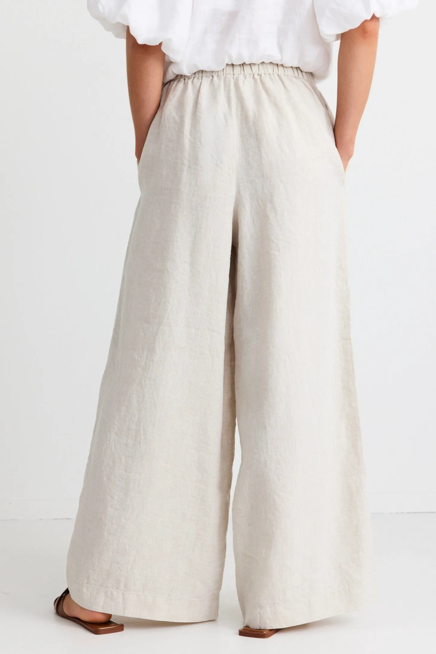 Resort Natural Linen Tie Waist Pull On Wide Pants