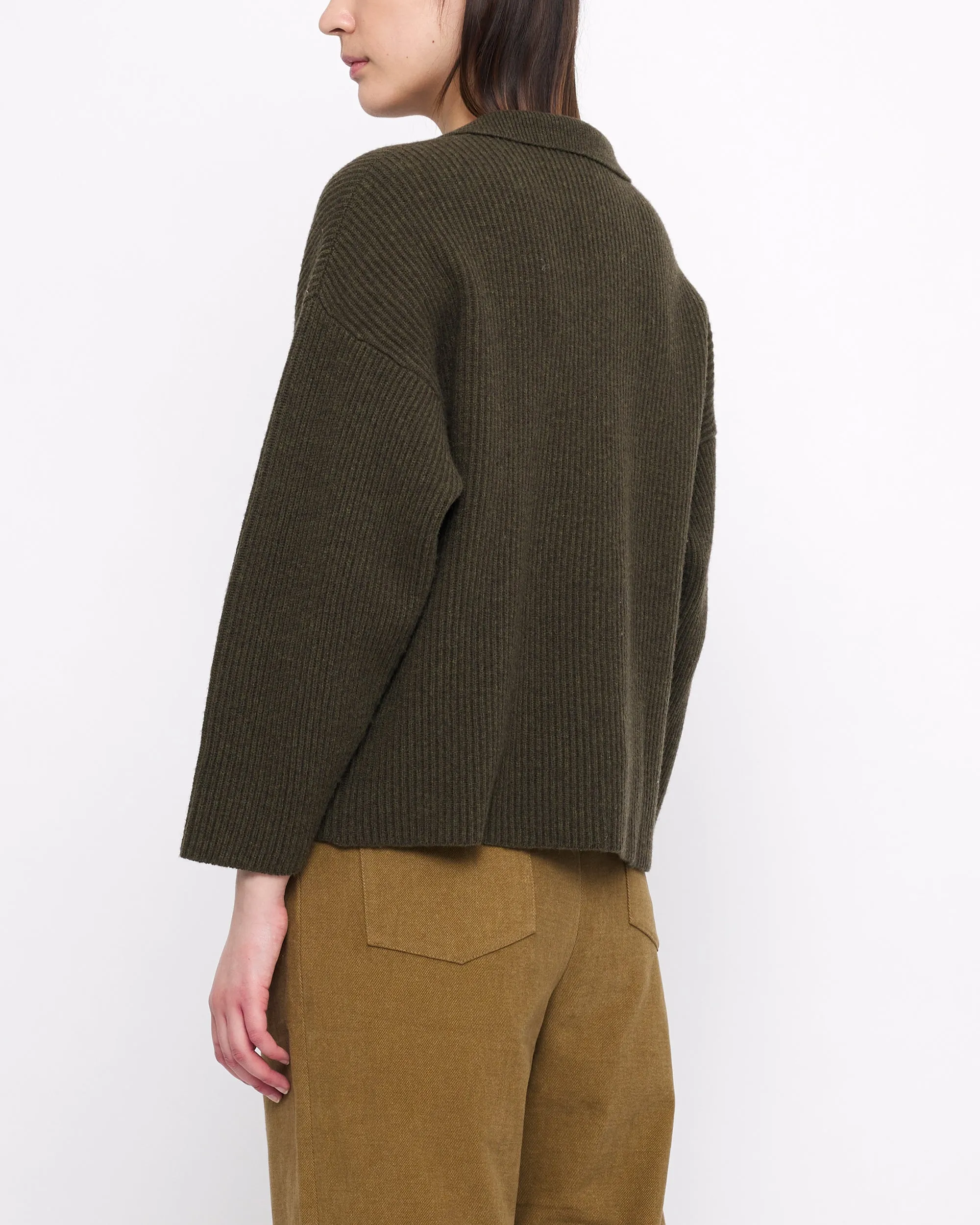 Ribbed Collared V-Neck Jumper - FW24 - Olive