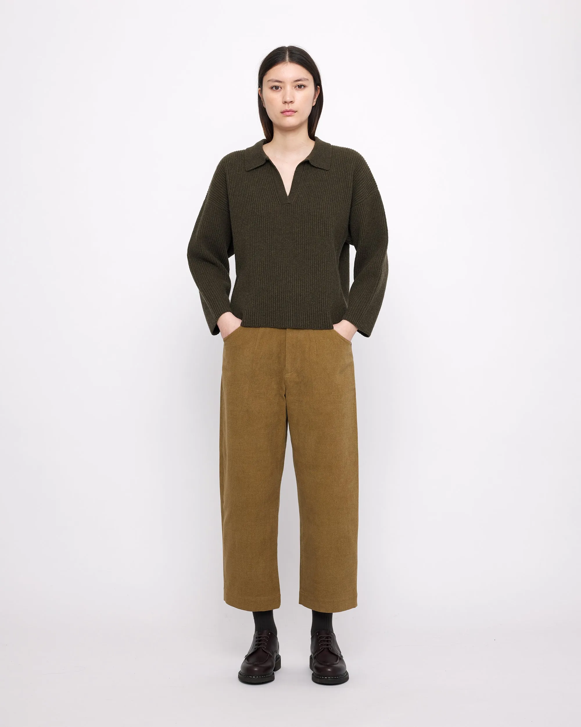 Ribbed Collared V-Neck Jumper - FW24 - Olive