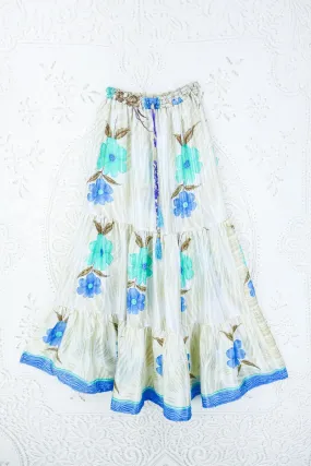 Rosie Maxi Skirt - Vintage Sari - Pearl White, Seafoam & Sky Blue Floral - XS - M