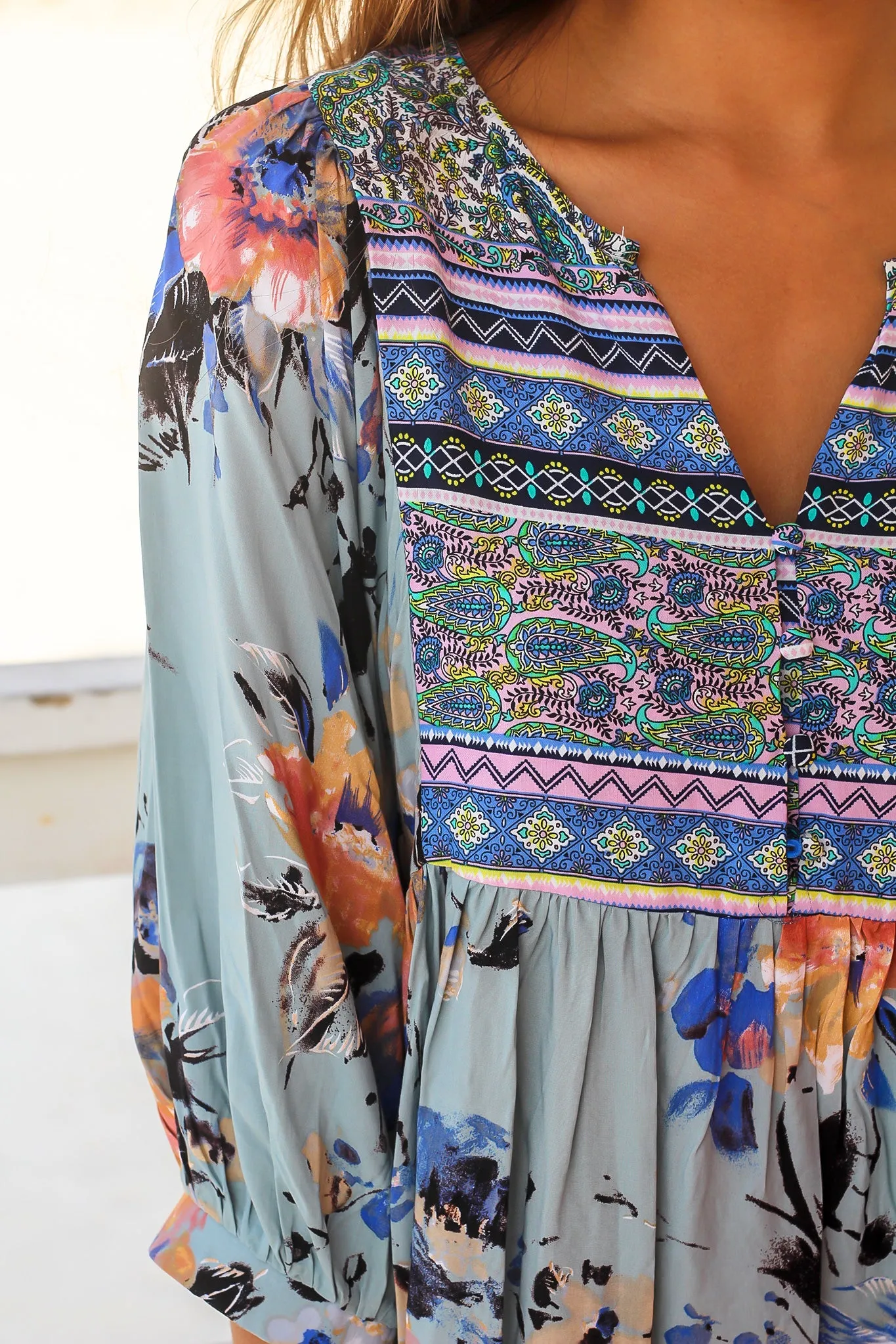 Sage Boho Floral Printed Short Dress