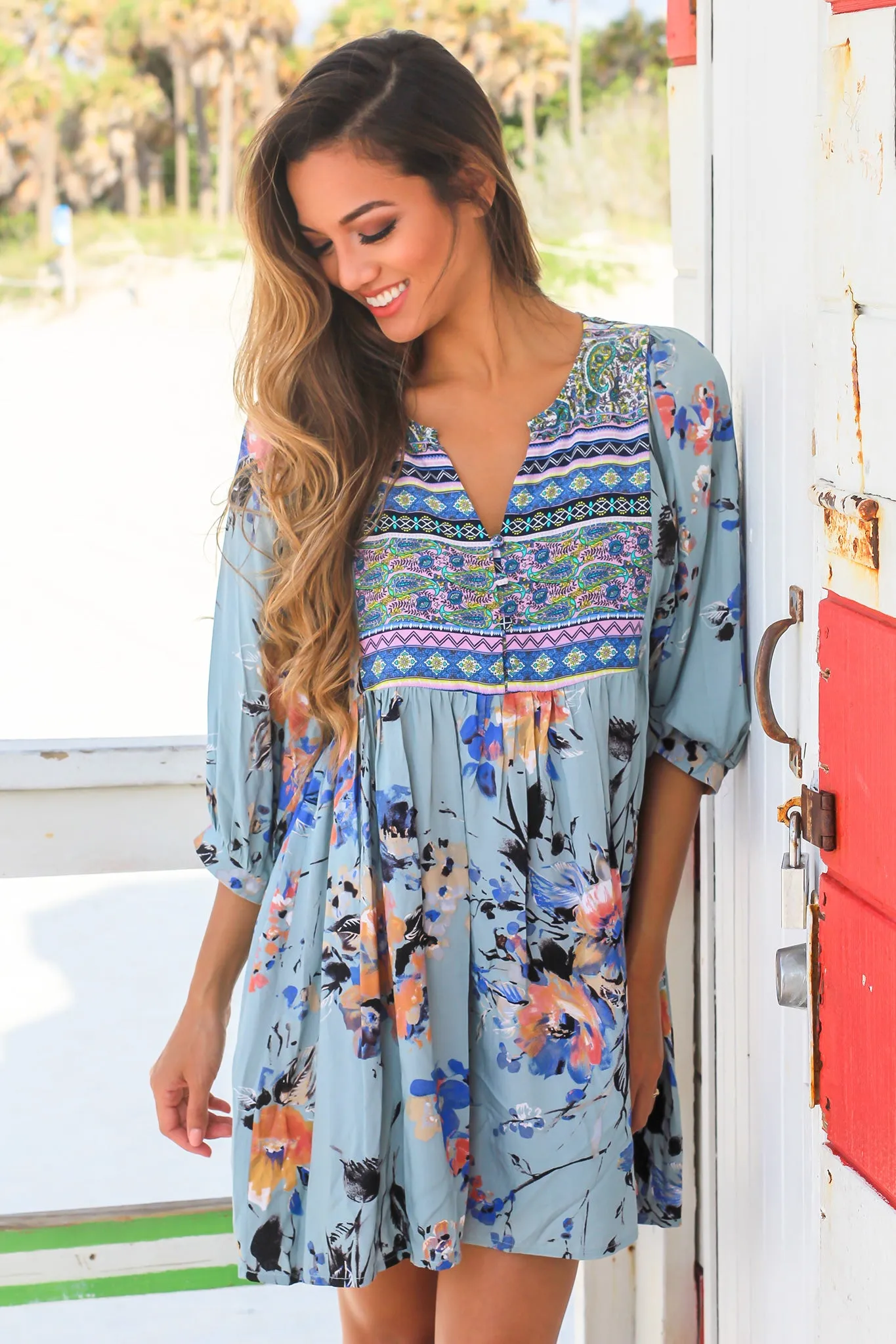 Sage Boho Floral Printed Short Dress