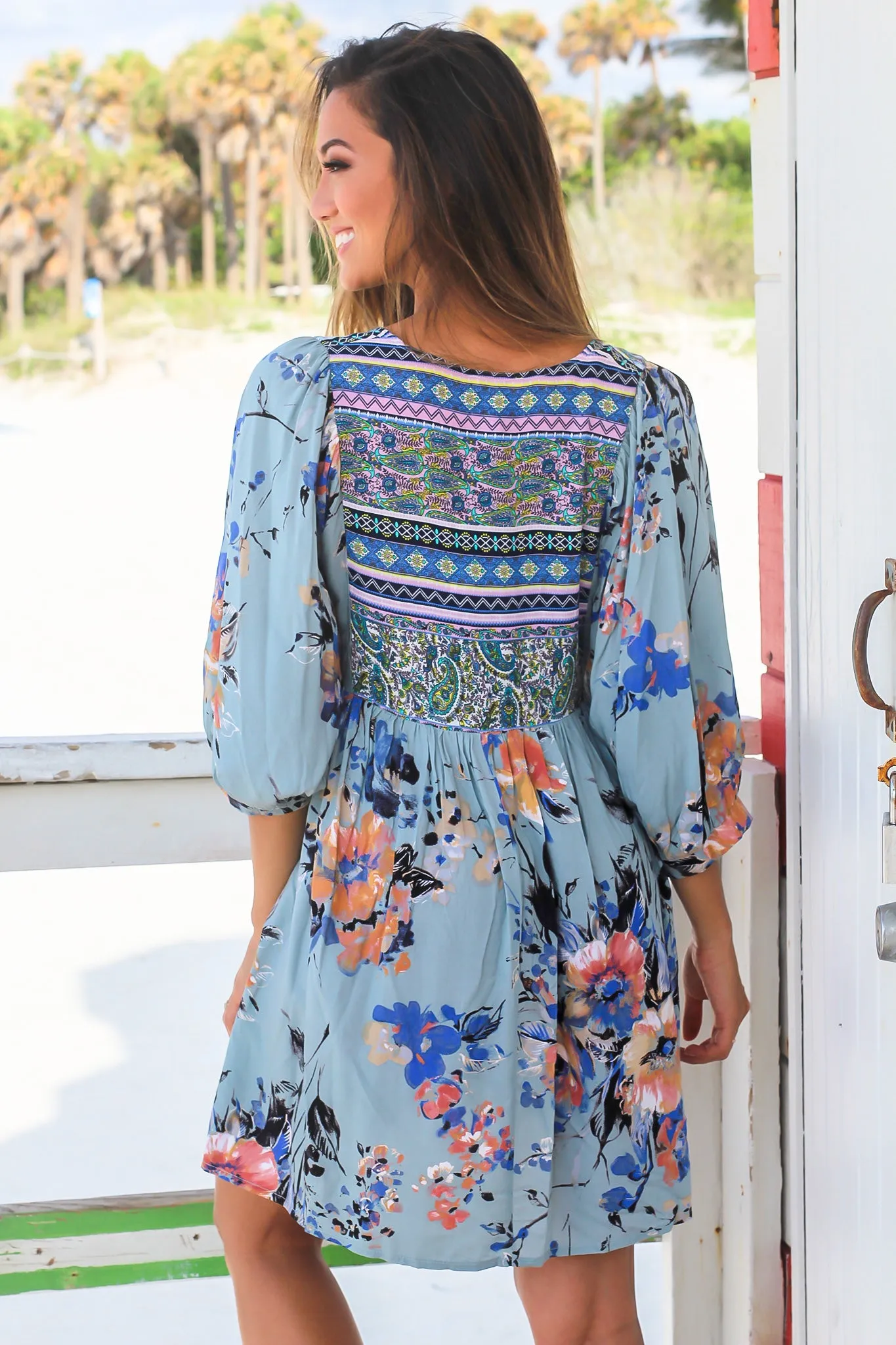 Sage Boho Floral Printed Short Dress