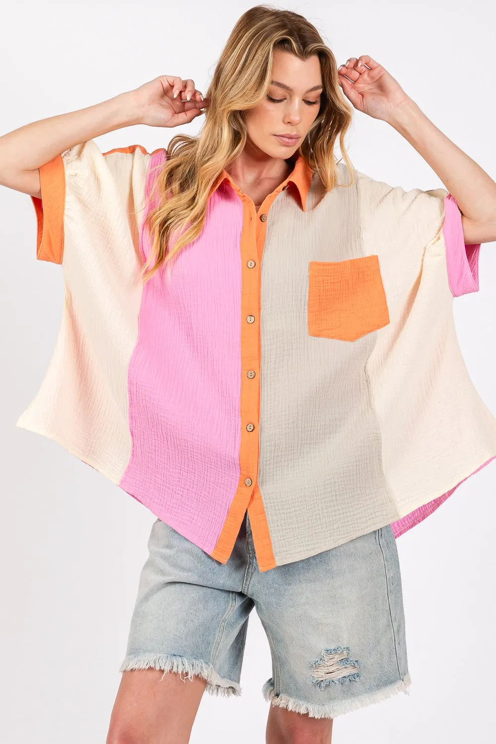 SAGE   FIG Full Size Color Block Button-Down Shirt