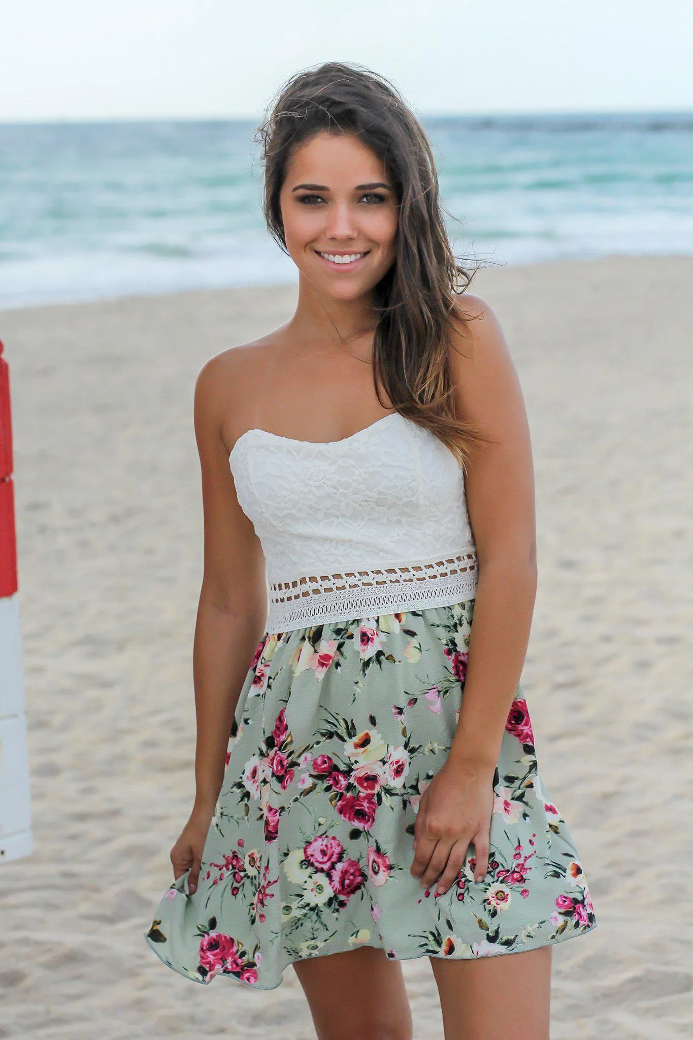 Sage Floral Short Dress with Lace Top