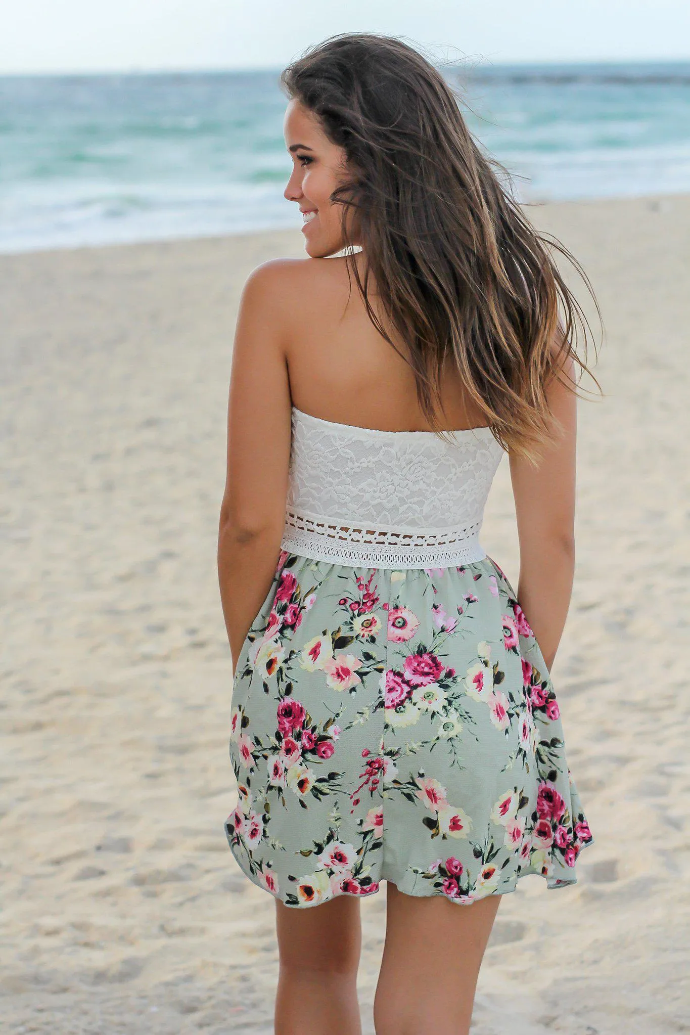 Sage Floral Short Dress with Lace Top