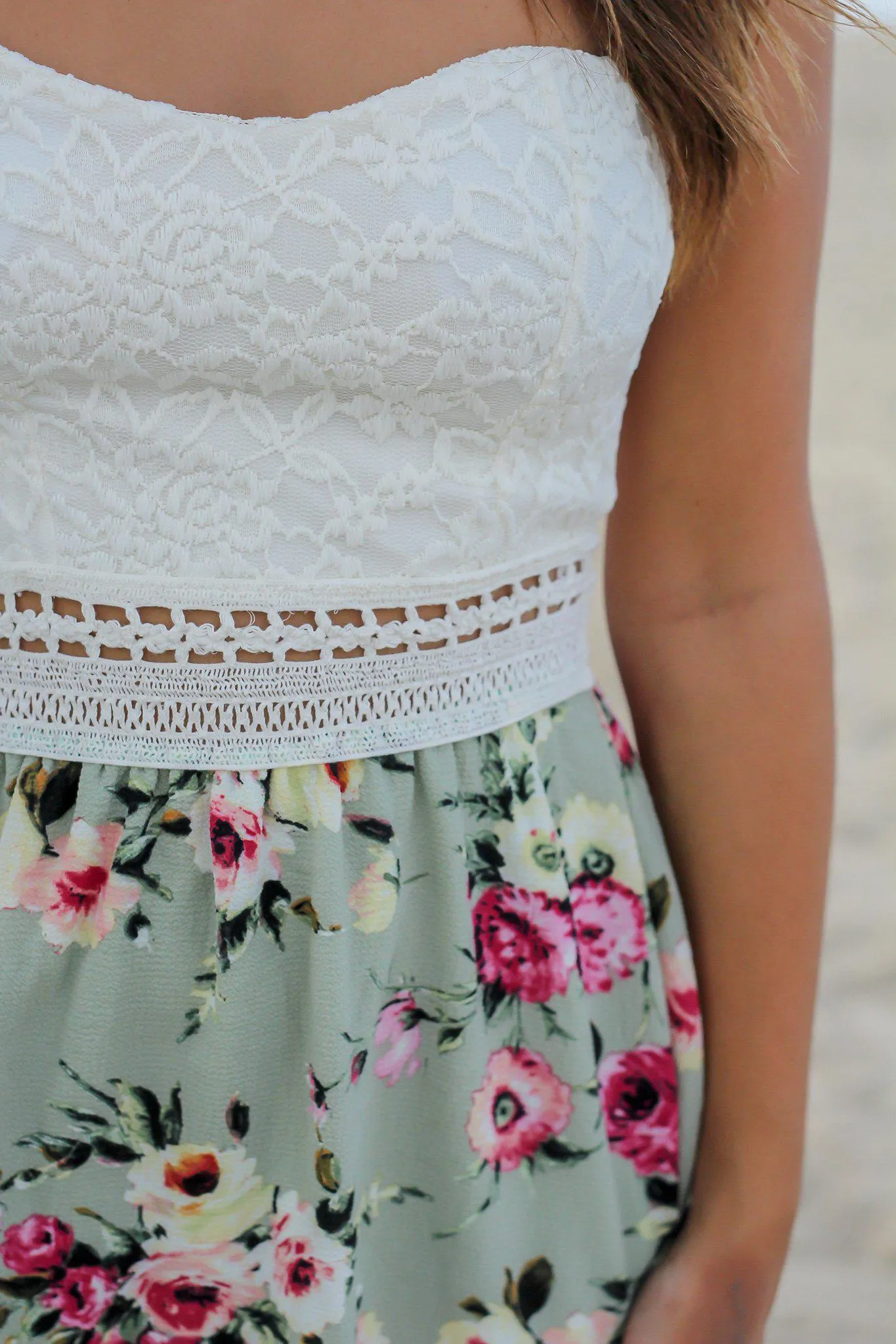 Sage Floral Short Dress with Lace Top