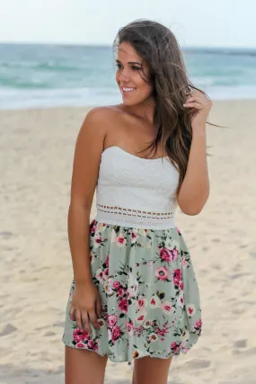 Sage Floral Short Dress with Lace Top