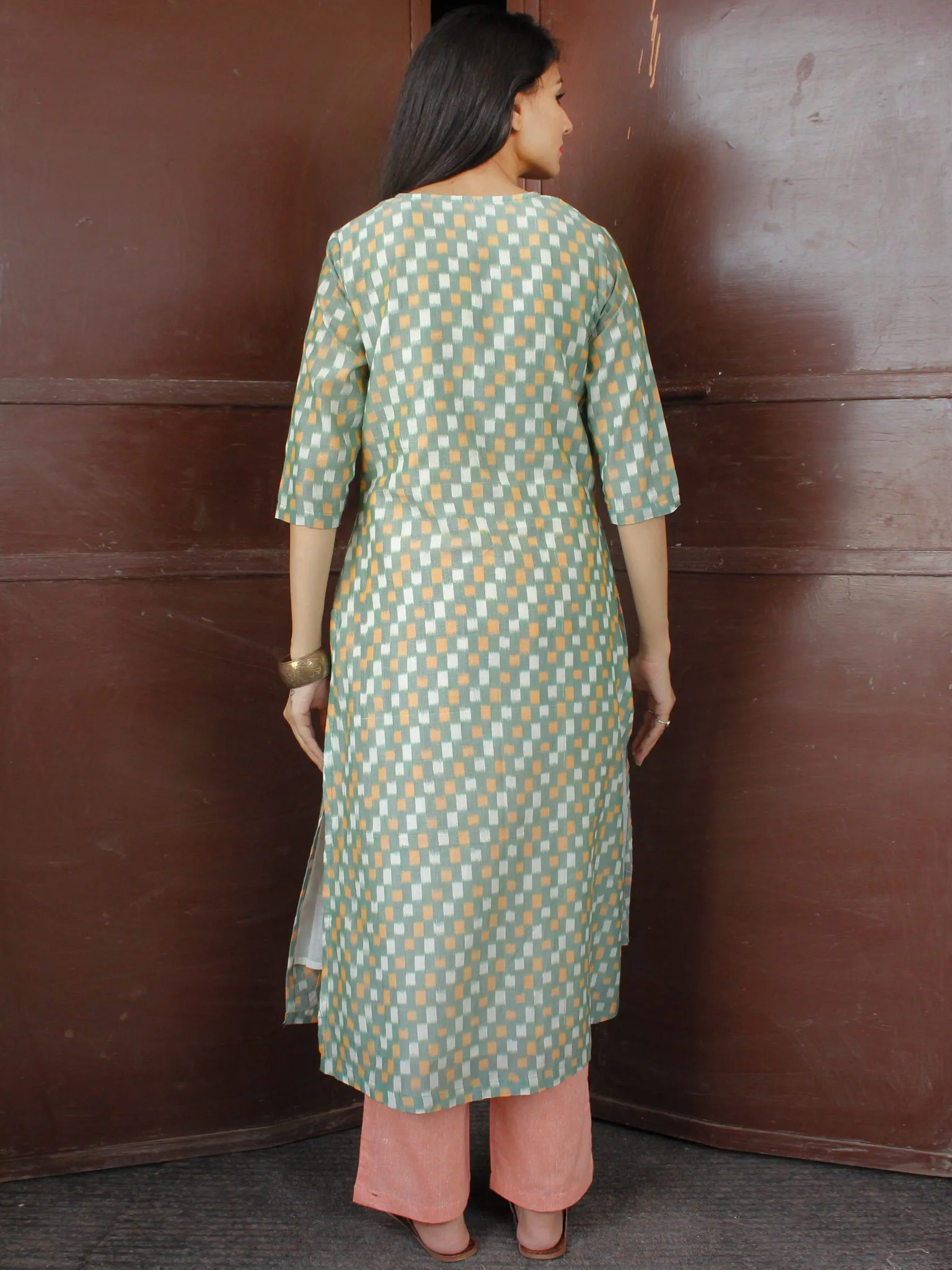 Sage Green Peach Silk Cotton Ikat Mirror Work Kurta & Pants (Set of 2) - SS01F1742