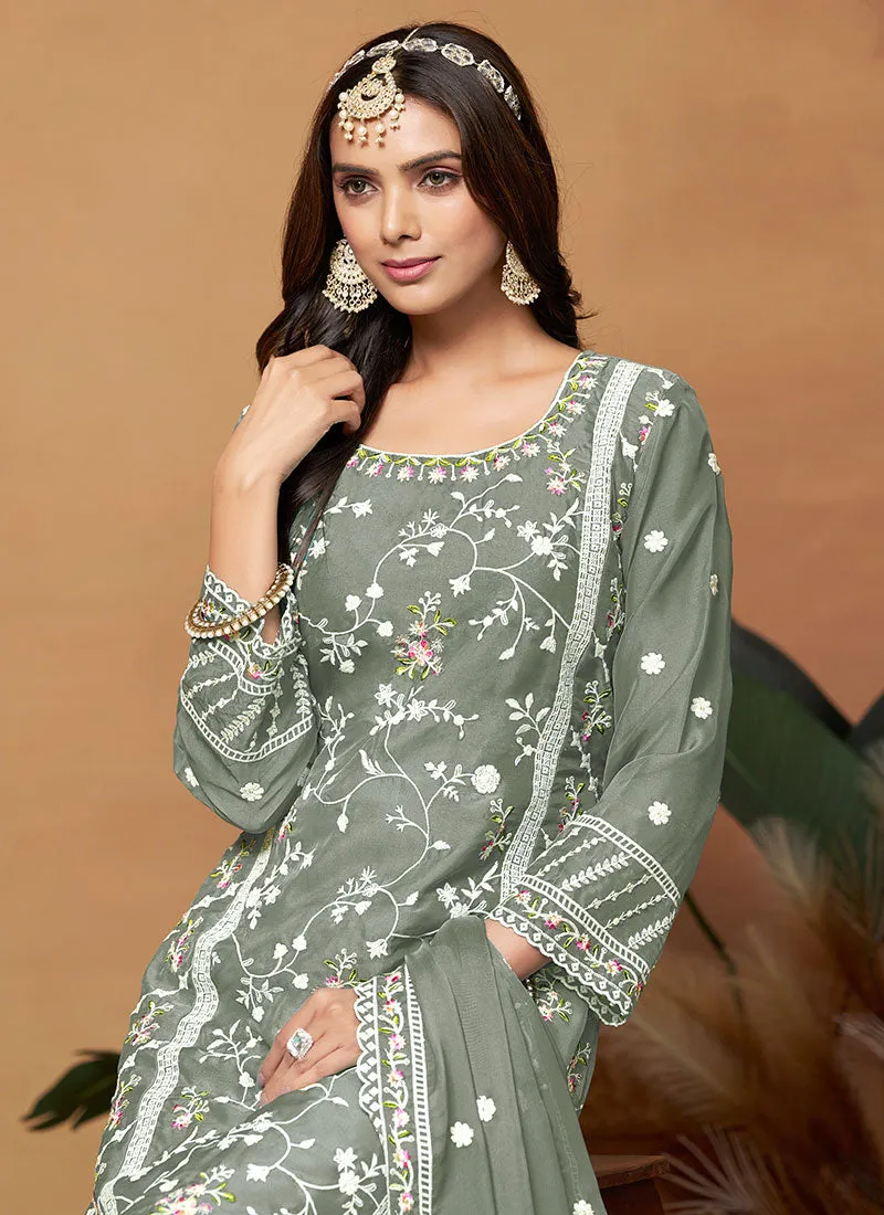 Sage Green Thread Embroidery Organza Salwar Suit