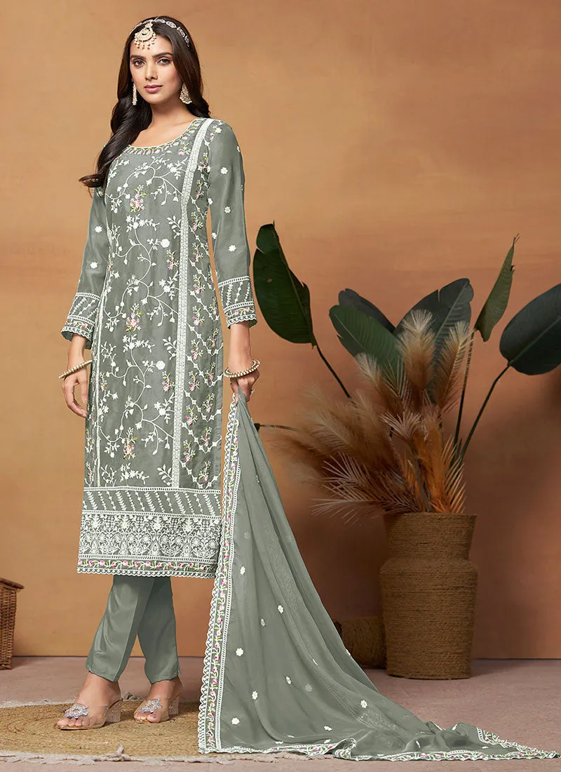 Sage Green Thread Embroidery Organza Salwar Suit