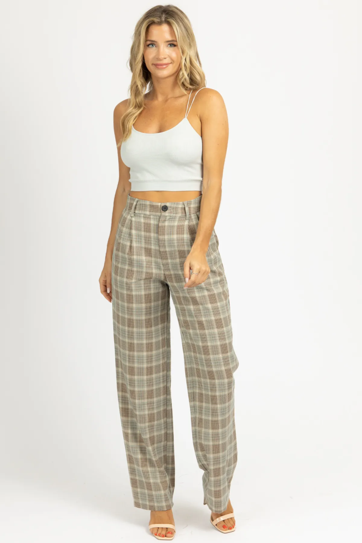 SAGE PLAID PLEATED PANTS