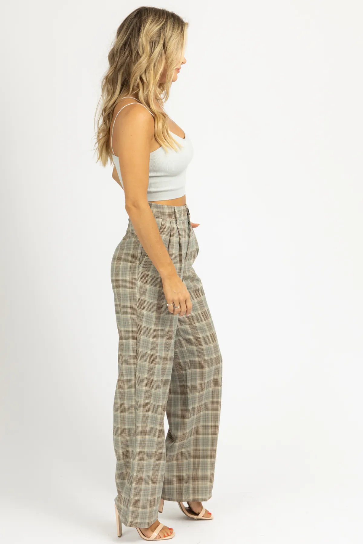 SAGE PLAID PLEATED PANTS