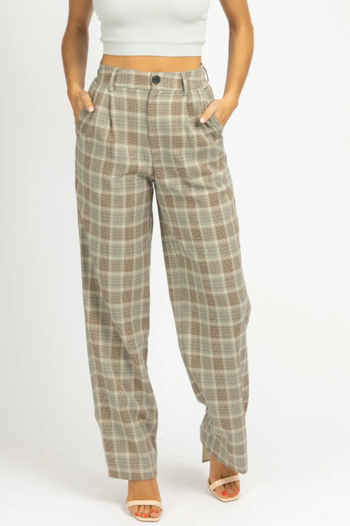 SAGE PLAID PLEATED PANTS