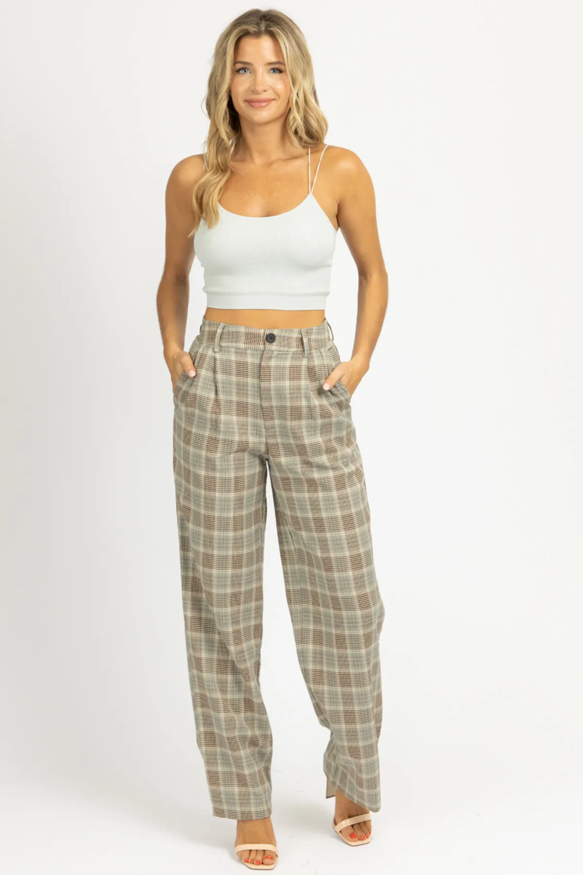 SAGE PLAID PLEATED PANTS