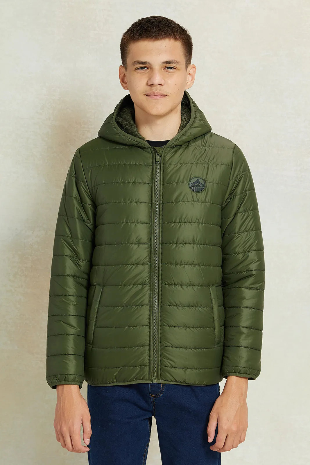 Senior Boys Olive Puffer Jacket With Sherpa Lining