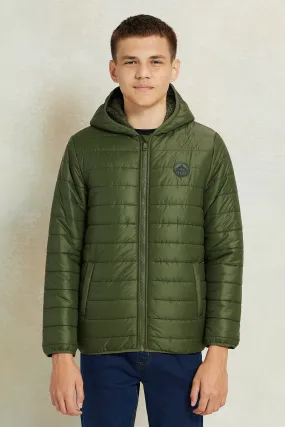 Senior Boys Olive Puffer Jacket With Sherpa Lining