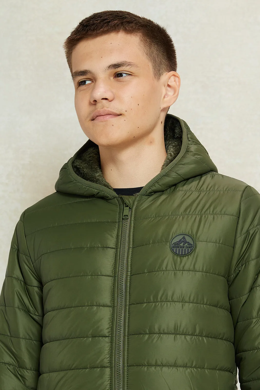 Senior Boys Olive Puffer Jacket With Sherpa Lining