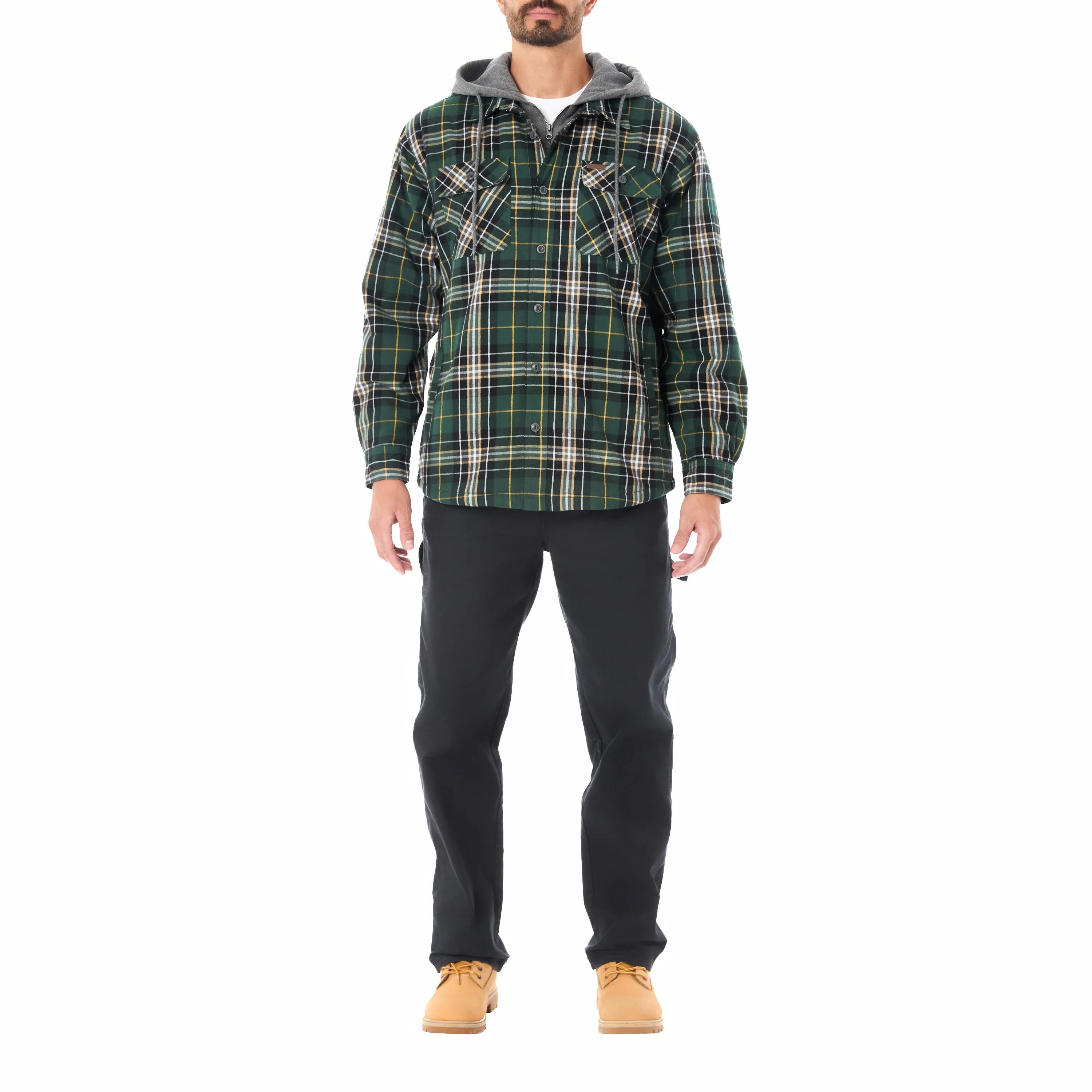 SHERPA LINED HOODED FLANNEL SHIRT JACKET WITH INSET