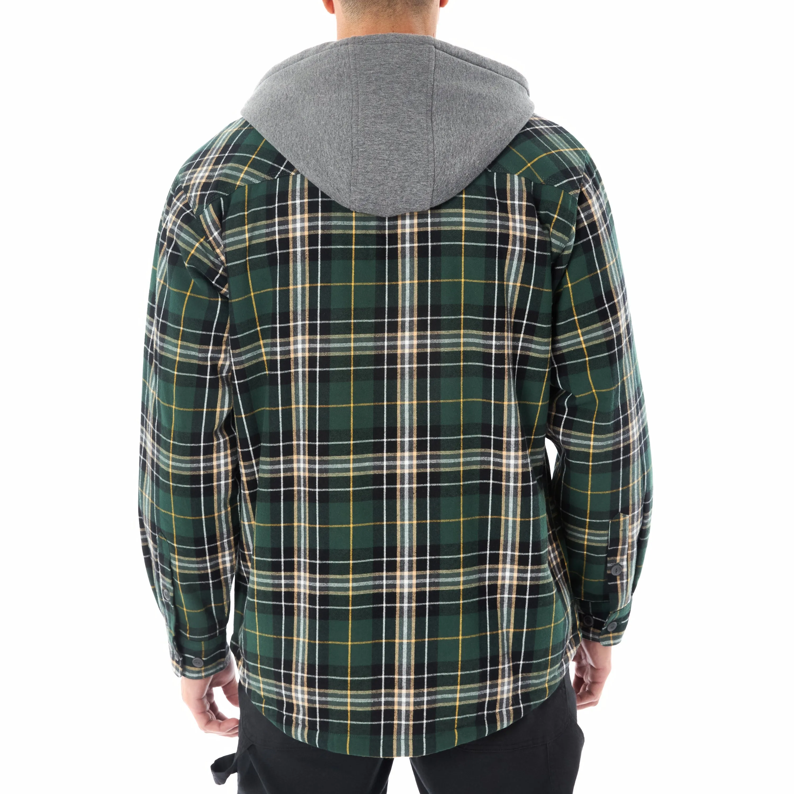 SHERPA LINED HOODED FLANNEL SHIRT JACKET WITH INSET