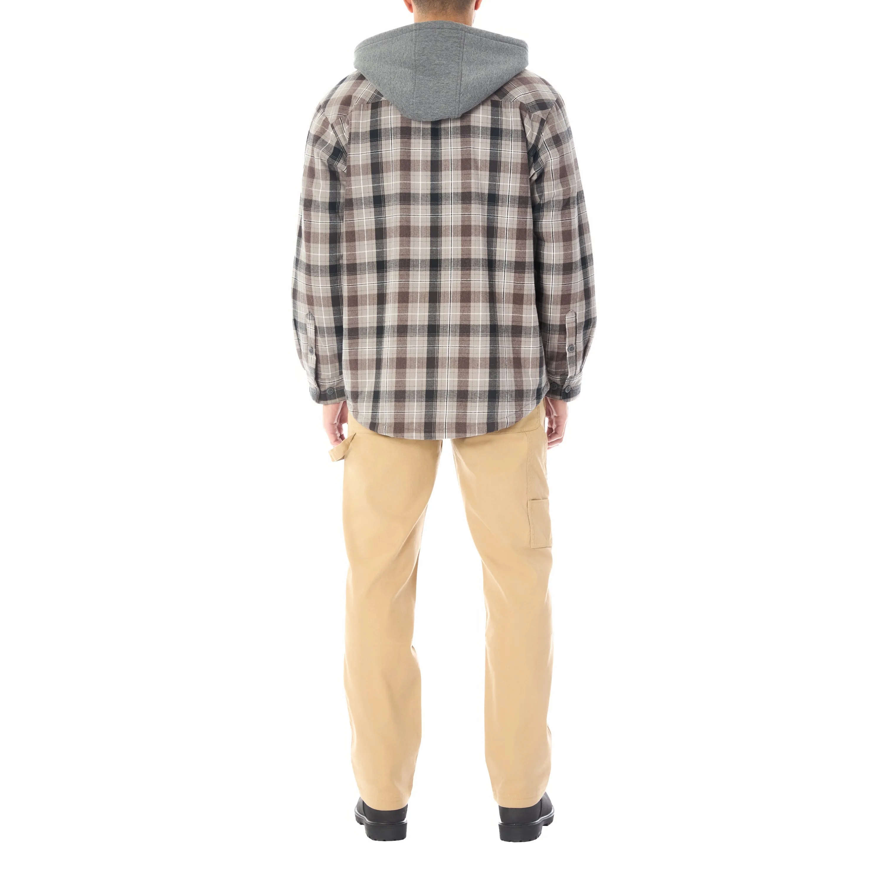 SHERPA LINED HOODED FLANNEL SHIRT JACKET WITH INSET