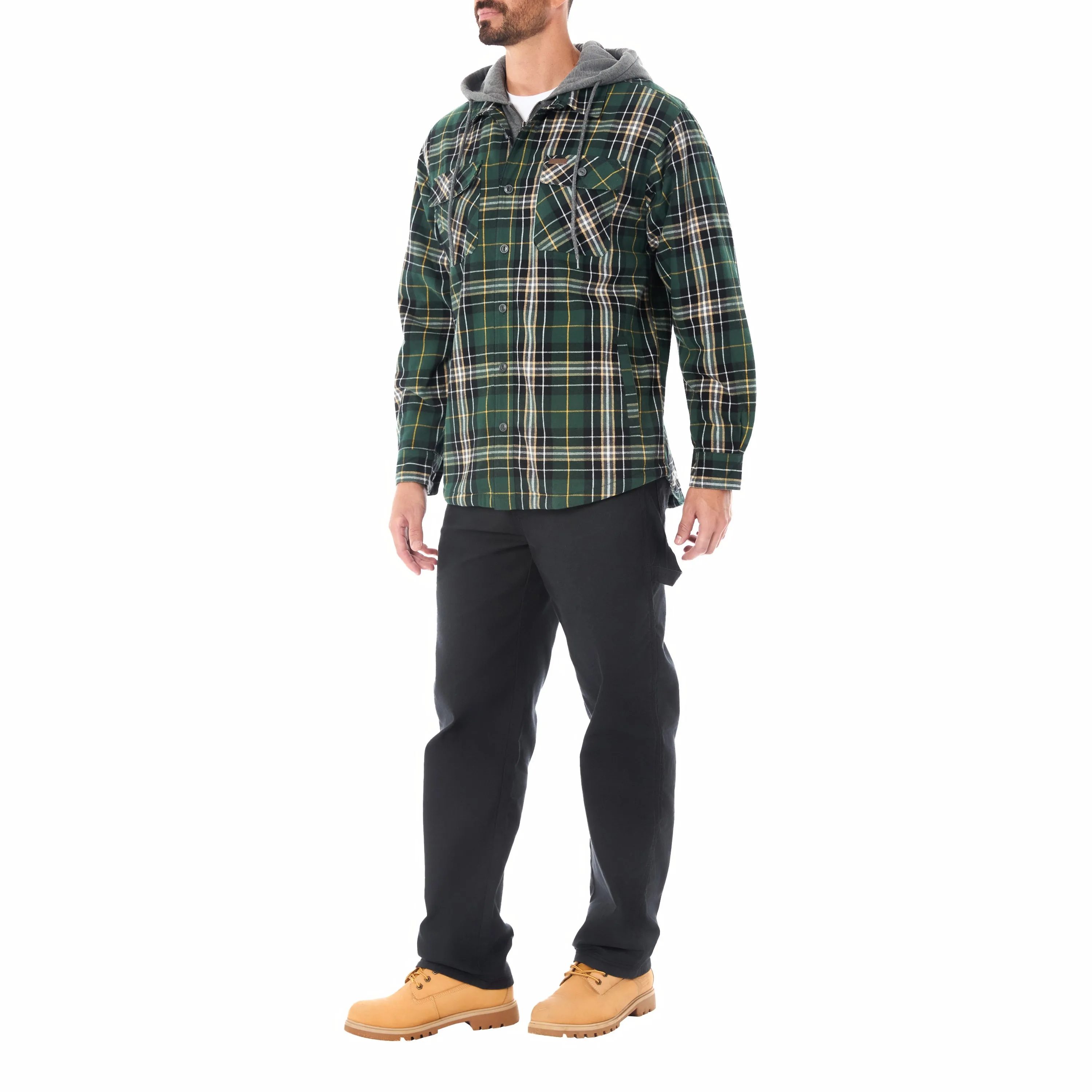 SHERPA LINED HOODED FLANNEL SHIRT JACKET WITH INSET