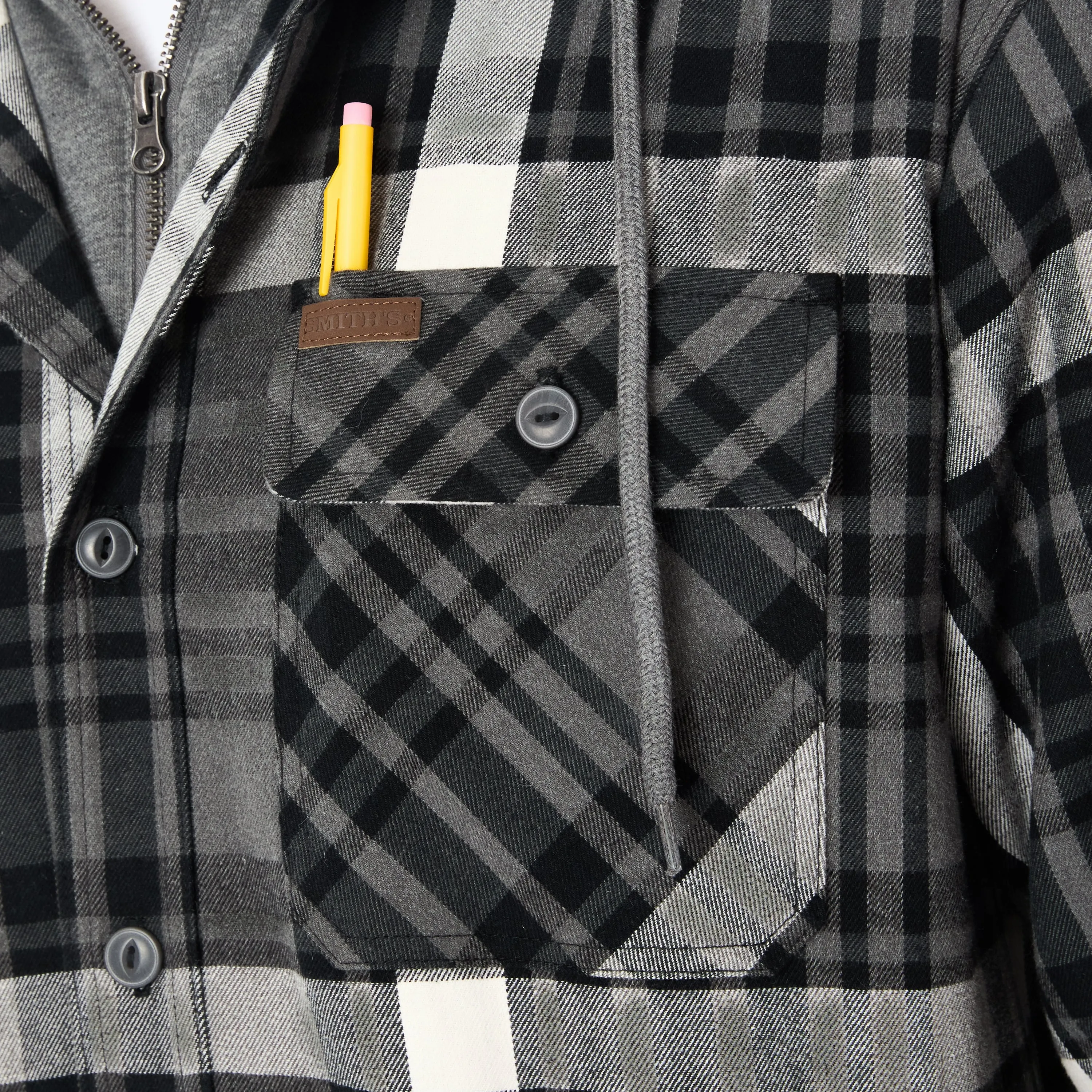 SHERPA LINED HOODED FLANNEL SHIRT JACKET WITH INSET