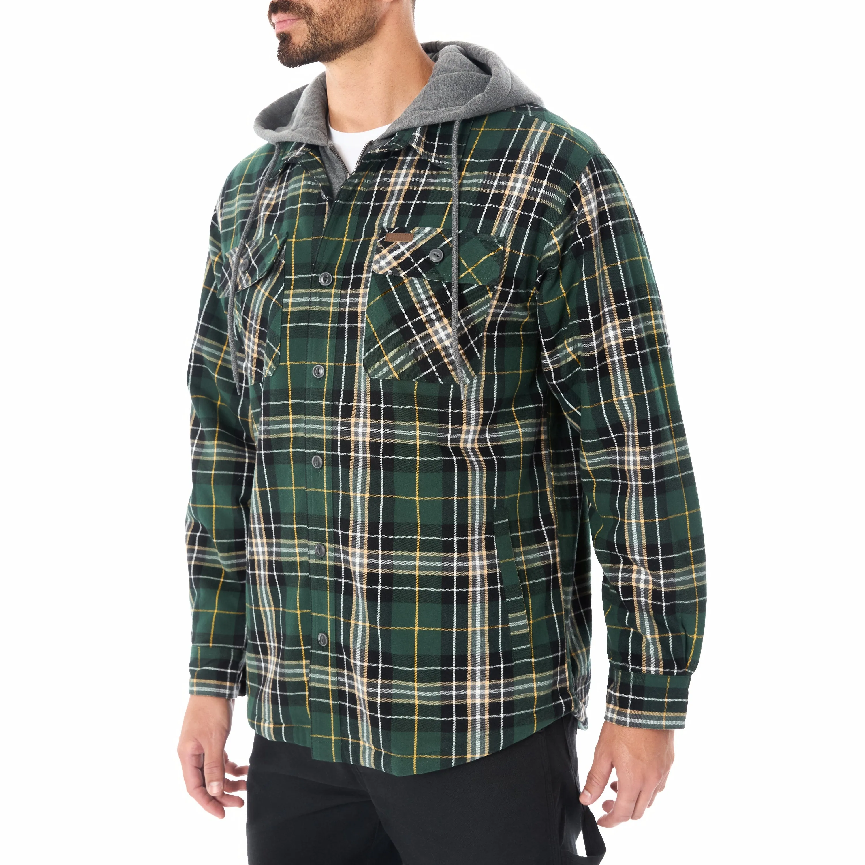 SHERPA LINED HOODED FLANNEL SHIRT JACKET WITH INSET