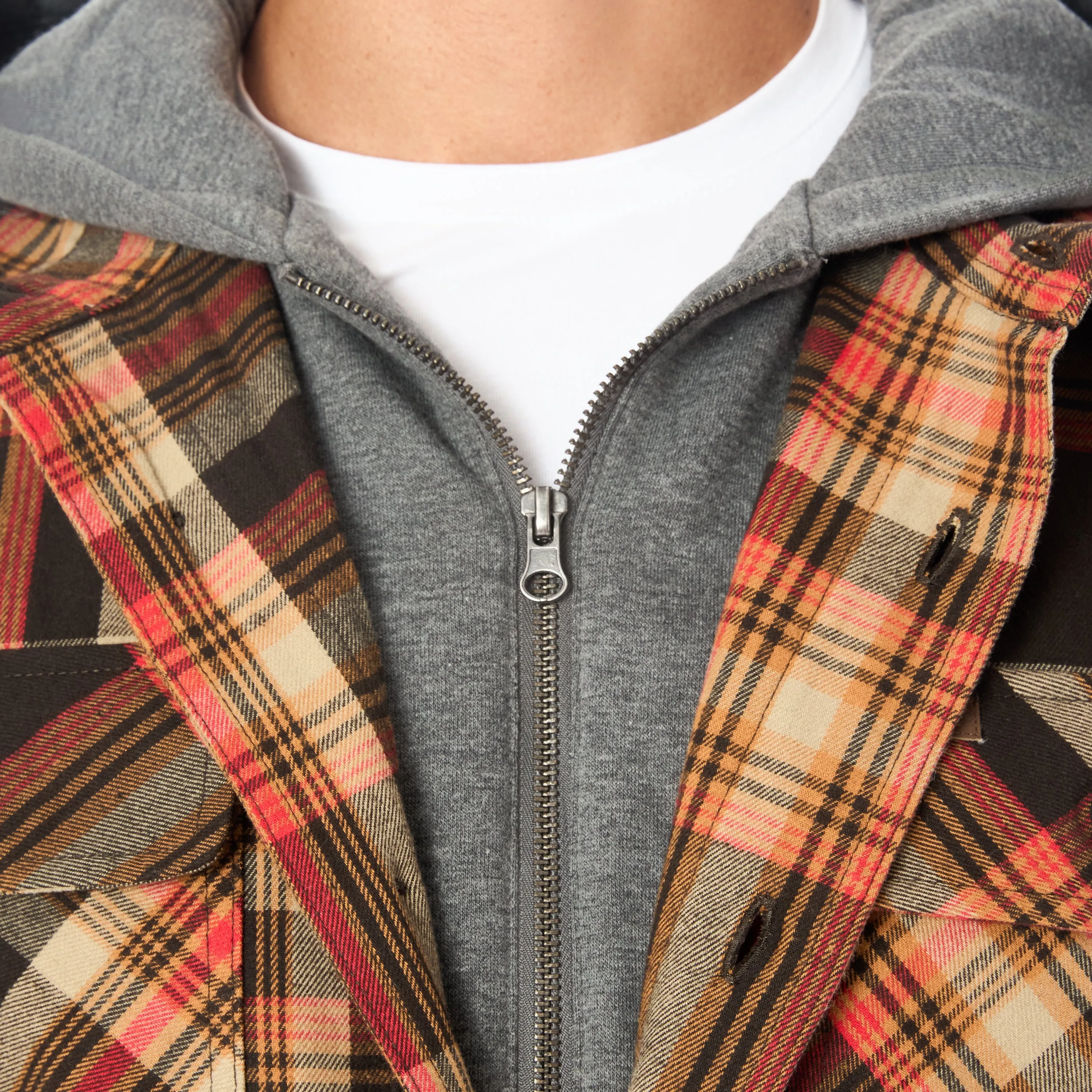 SHERPA LINED HOODED FLANNEL SHIRT JACKET WITH INSET