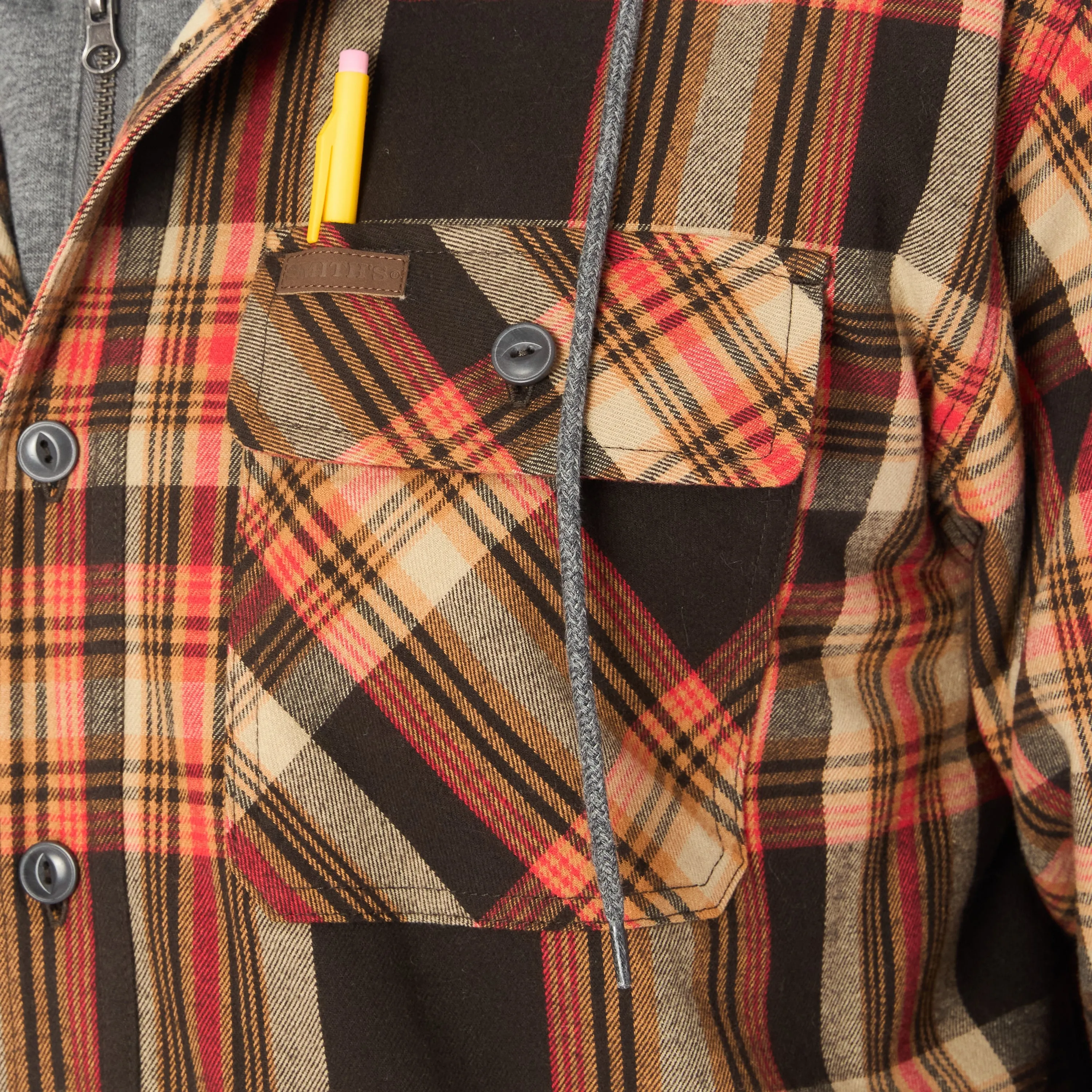 SHERPA LINED HOODED FLANNEL SHIRT JACKET WITH INSET