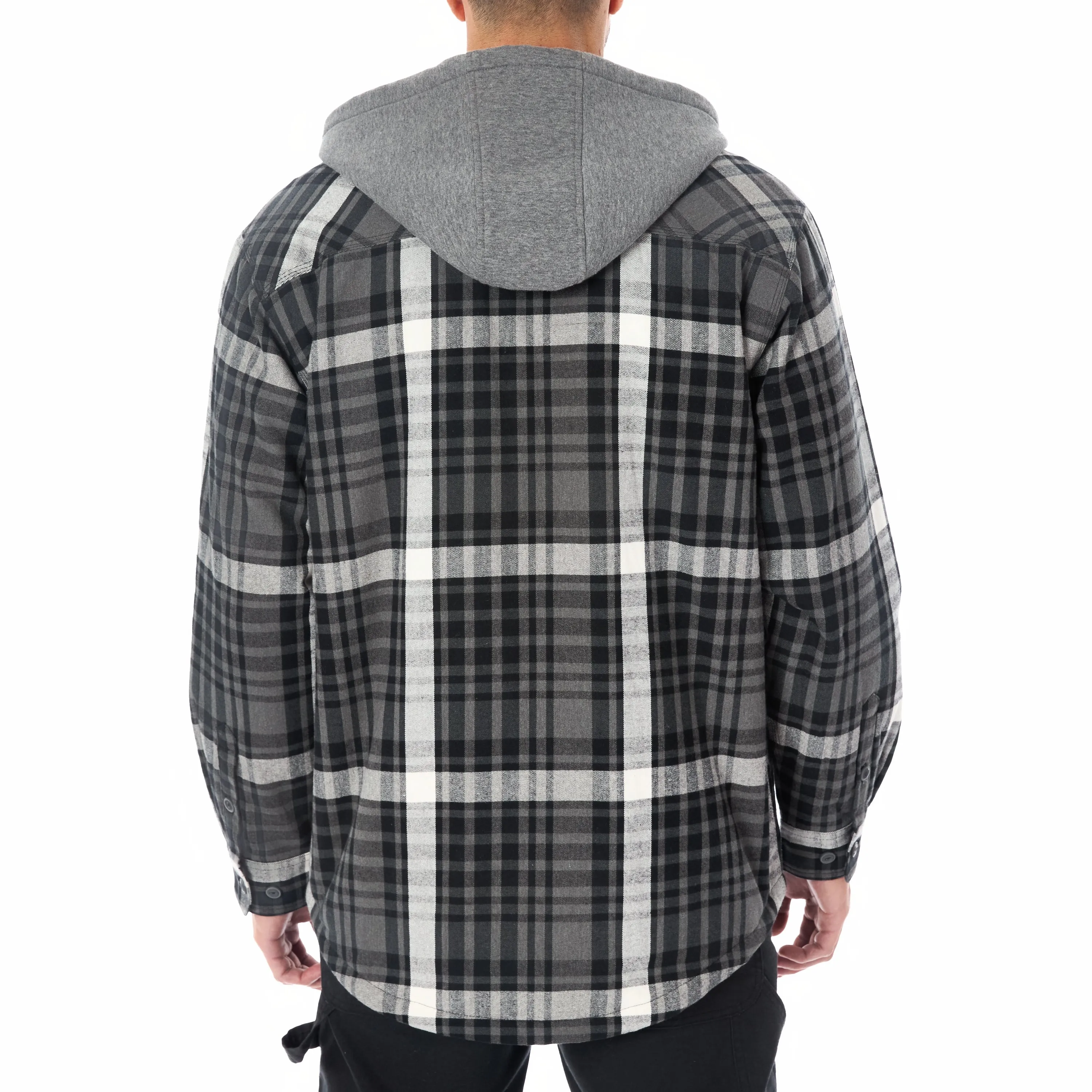 SHERPA LINED HOODED FLANNEL SHIRT JACKET WITH INSET