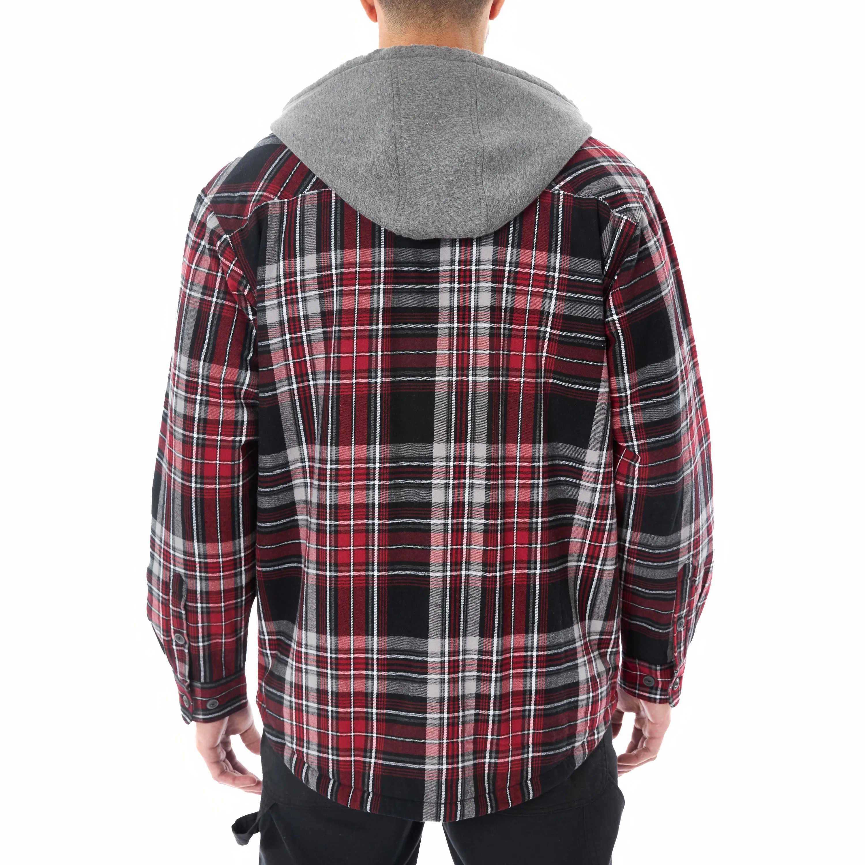 SHERPA LINED HOODED FLANNEL SHIRT JACKET WITH INSET