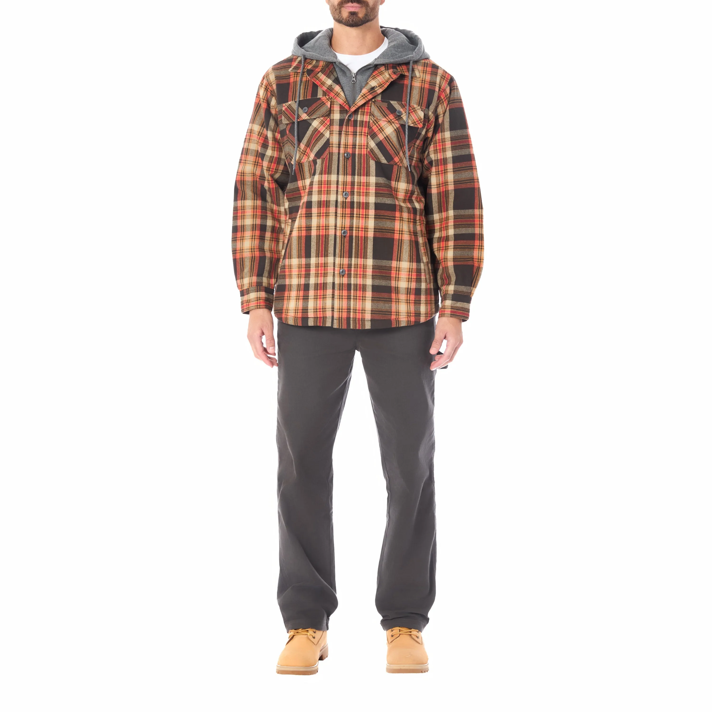 SHERPA LINED HOODED FLANNEL SHIRT JACKET WITH INSET