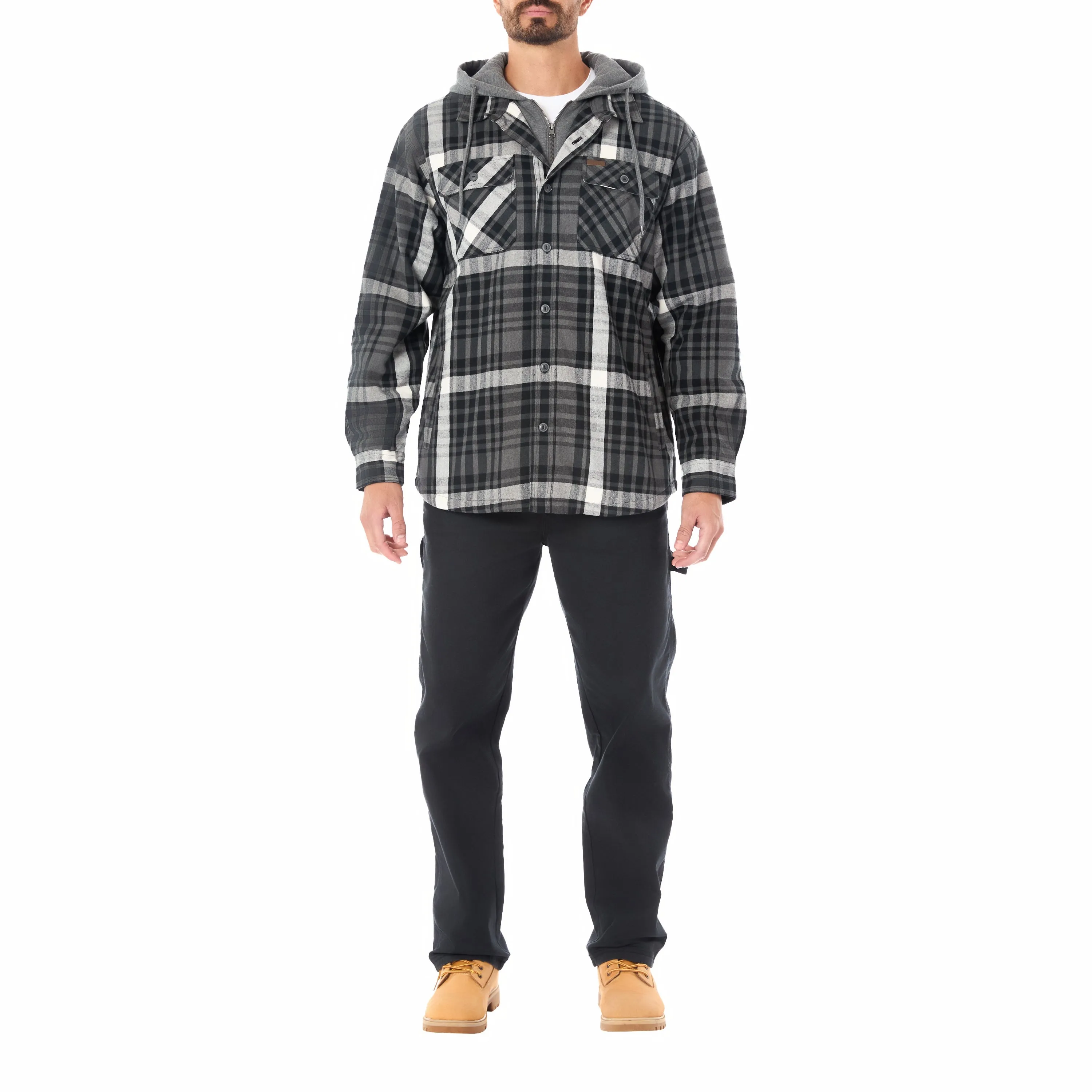 SHERPA LINED HOODED FLANNEL SHIRT JACKET WITH INSET