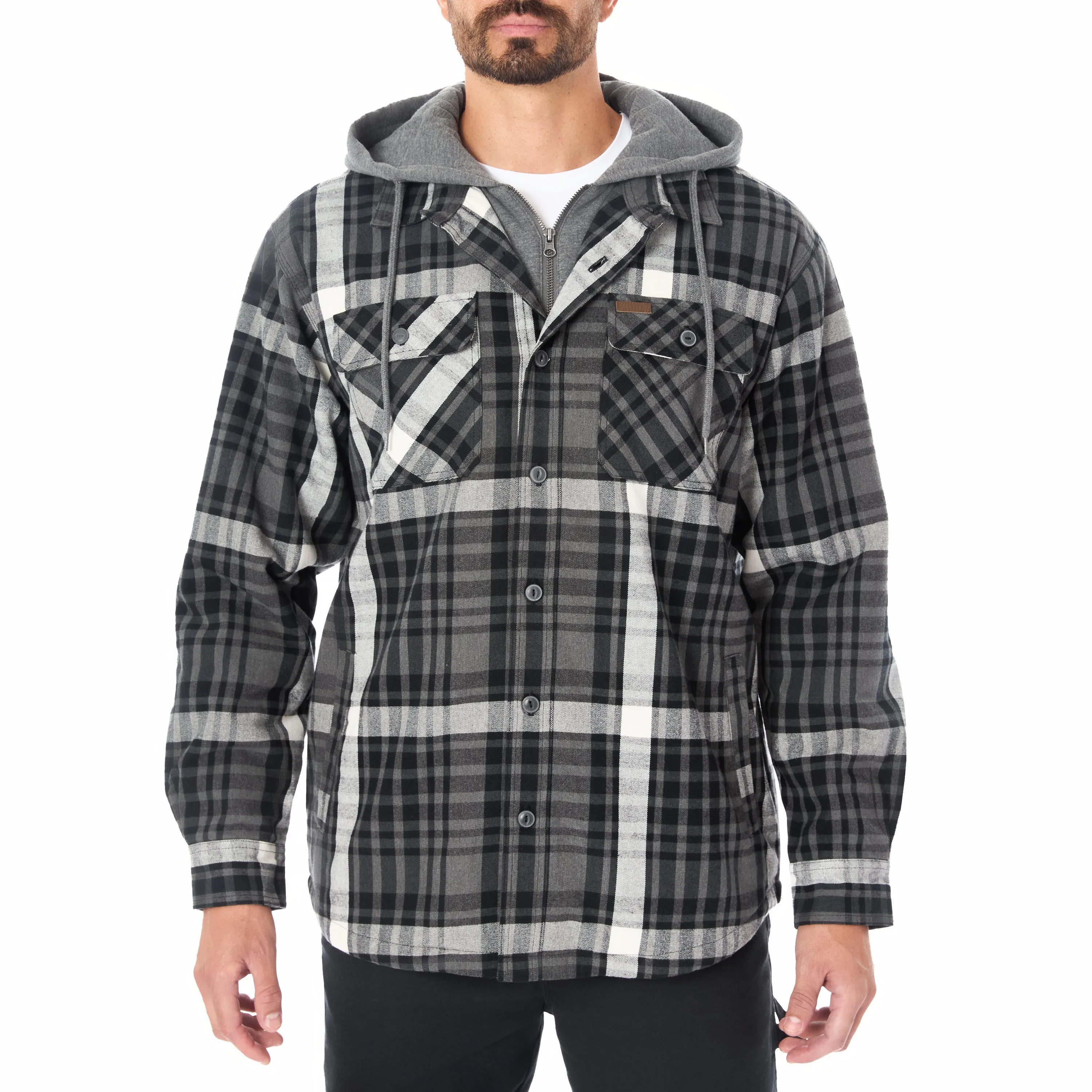 SHERPA LINED HOODED FLANNEL SHIRT JACKET WITH INSET