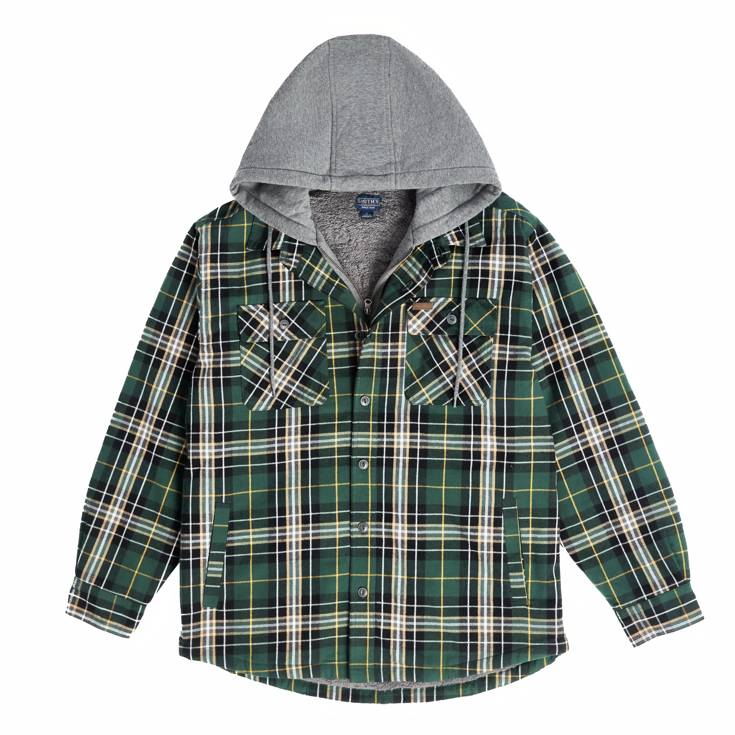 SHERPA LINED HOODED FLANNEL SHIRT JACKET WITH INSET