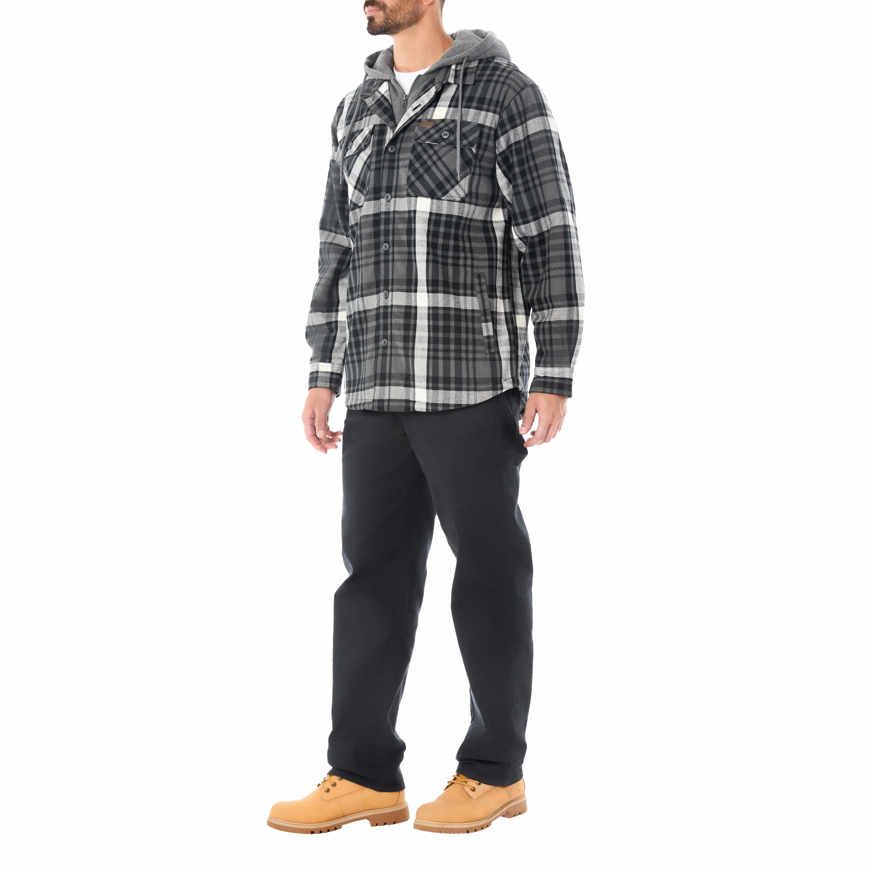 SHERPA LINED HOODED FLANNEL SHIRT JACKET WITH INSET