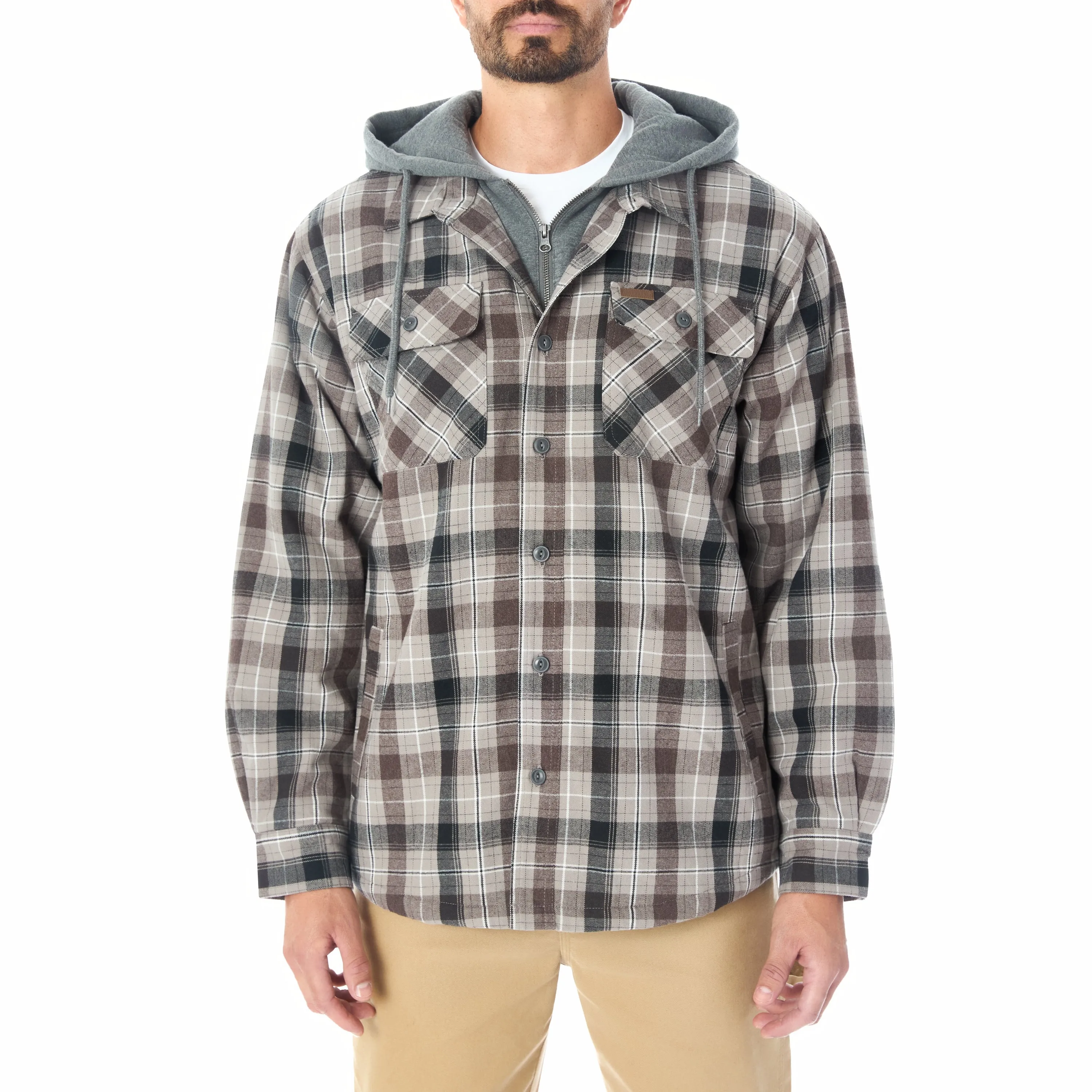 SHERPA LINED HOODED FLANNEL SHIRT JACKET WITH INSET