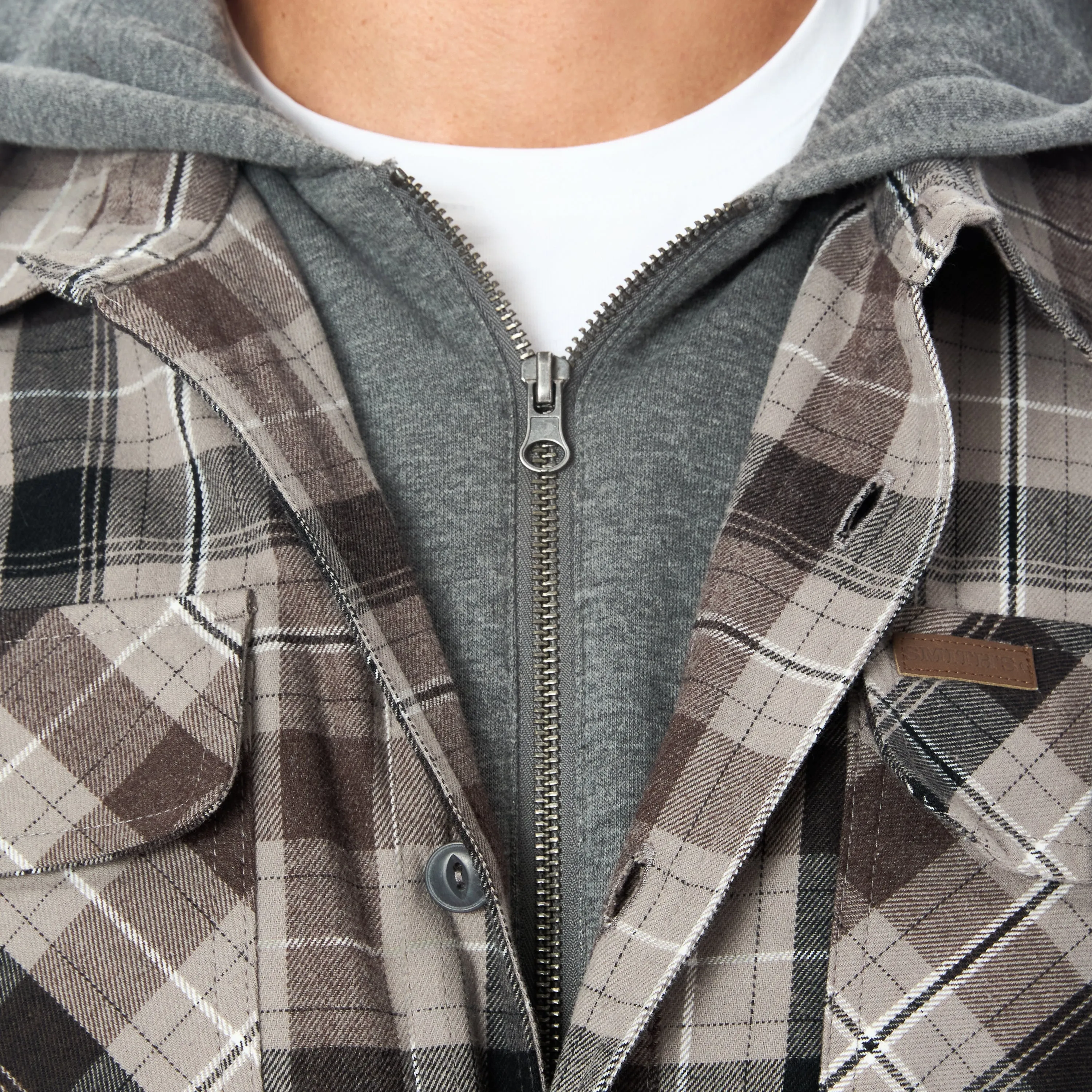 SHERPA LINED HOODED FLANNEL SHIRT JACKET WITH INSET