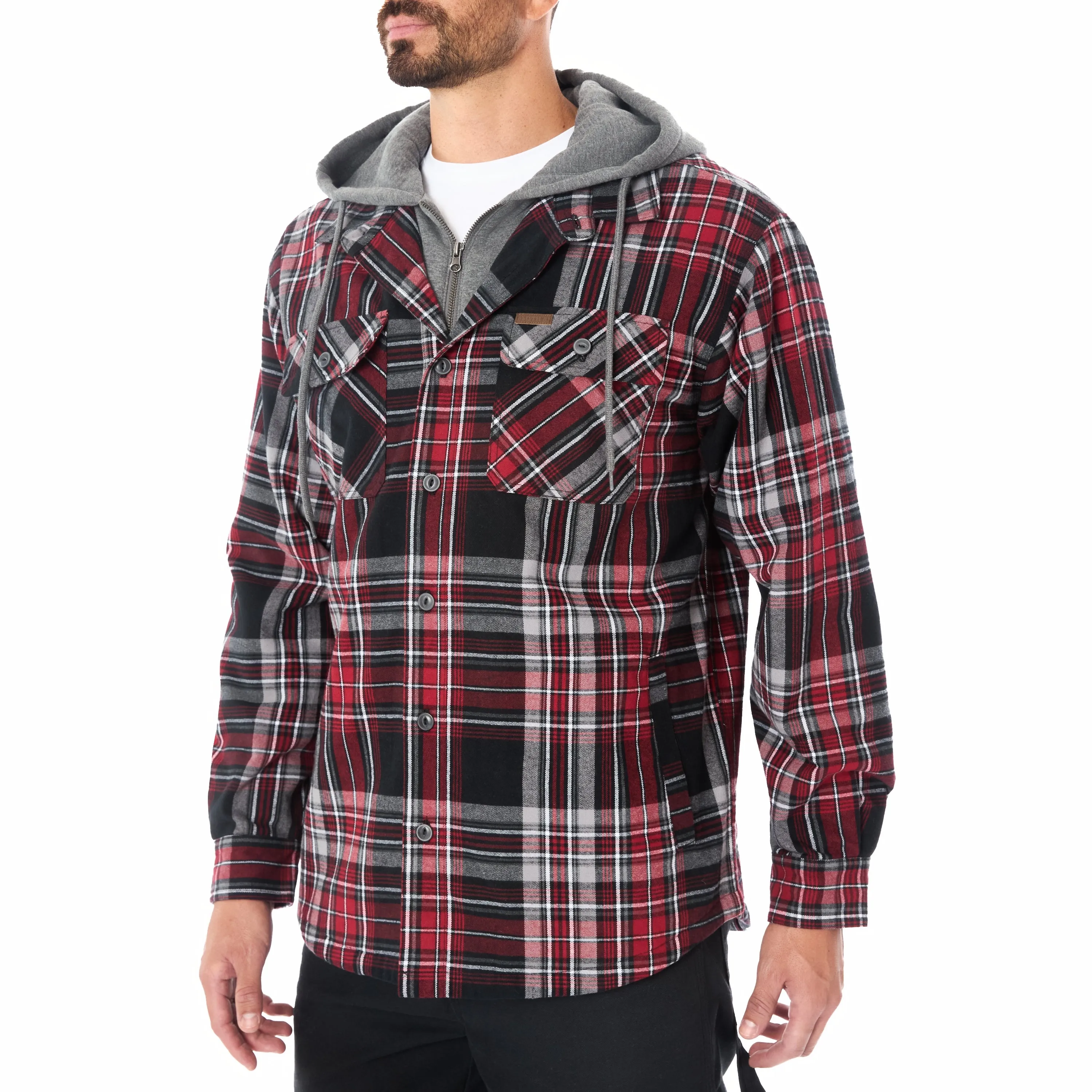 SHERPA LINED HOODED FLANNEL SHIRT JACKET WITH INSET